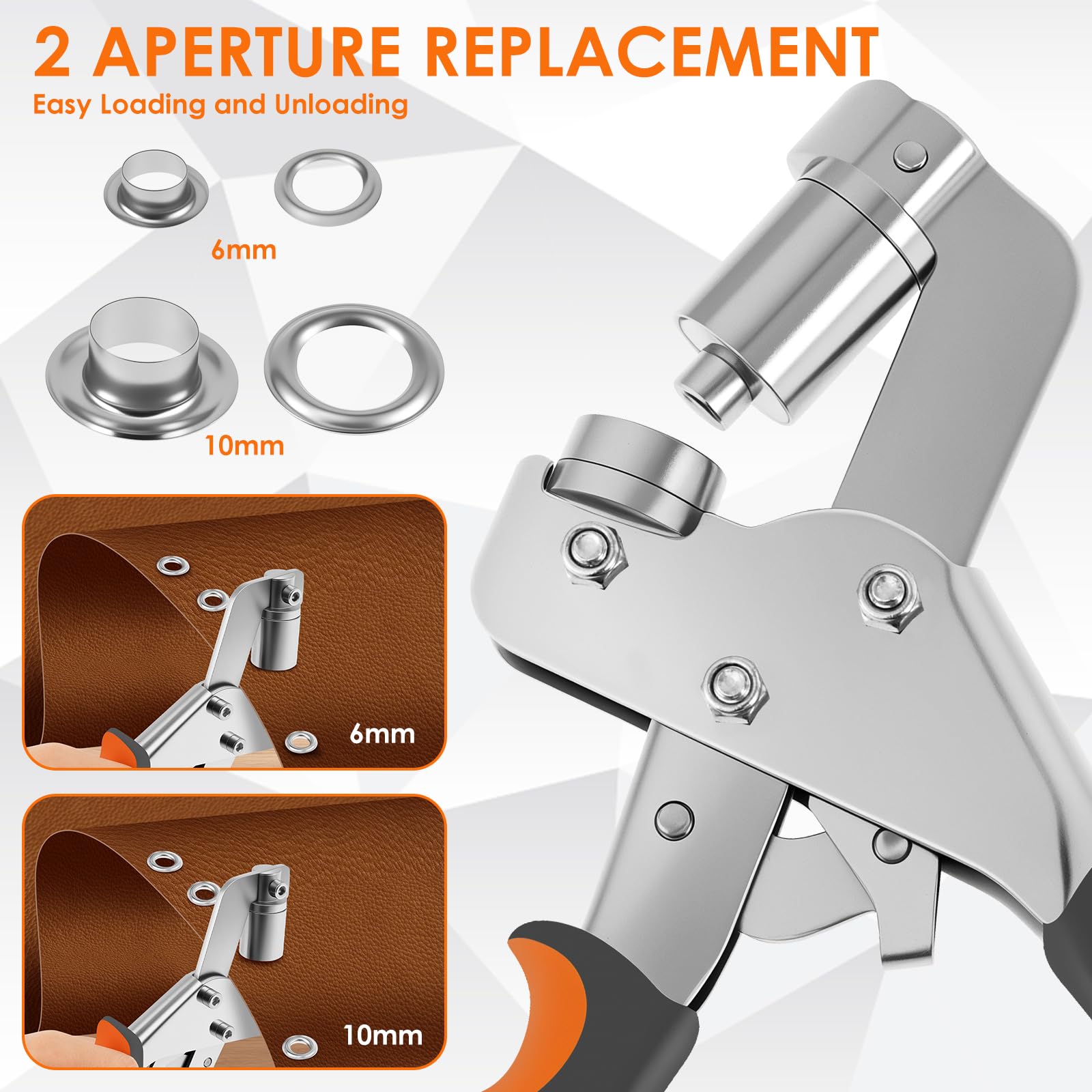 Set de pince à œillets professionnelle, Presse à œillets magnétique avec 200 œillets inoxydables (100 pièces Ø6mm et 100 pièces Ø10mm), Pince à œillets avec tête de découpe interchangeable pour