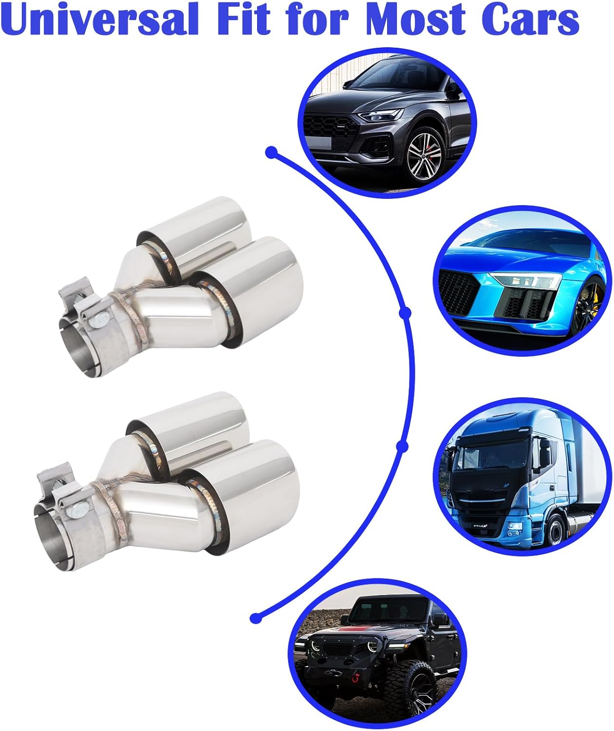 2.5" Dual Exhaust Tip， 2.5 inch Inlet 3.5 inch Outlet 9.5 inch Overall Length Stainless Steel Double Wall Angle Cut Exhaust Tip with Clamp,2-Packs(Left and Right)