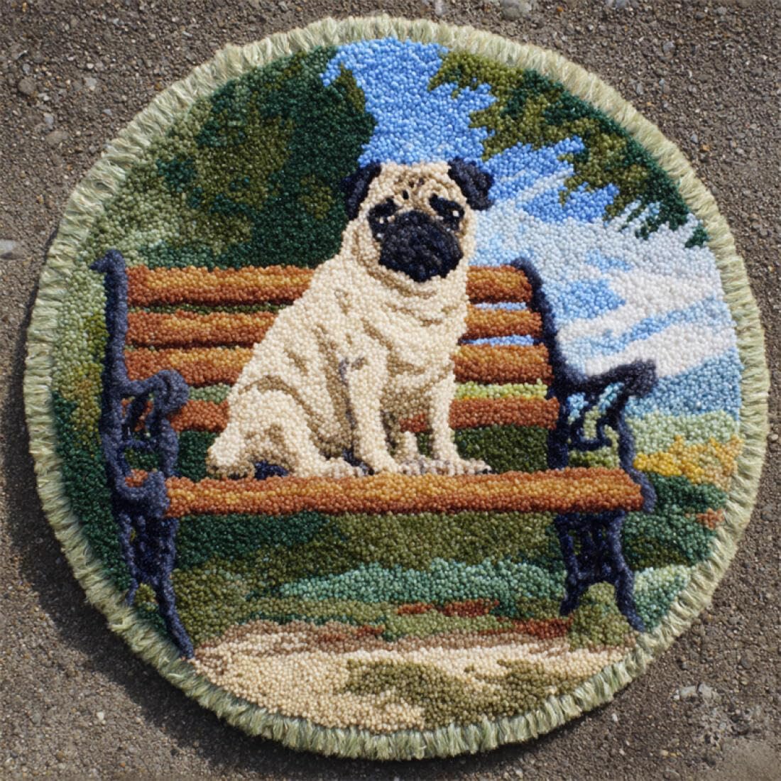 Rqwybcaxn DIY Latch Hook Rug Kit for Adults Animal Embroidery Kit Cartoon Pug 50x50cm Round Tapestry with Crochet Hook Living Room Craft Gift