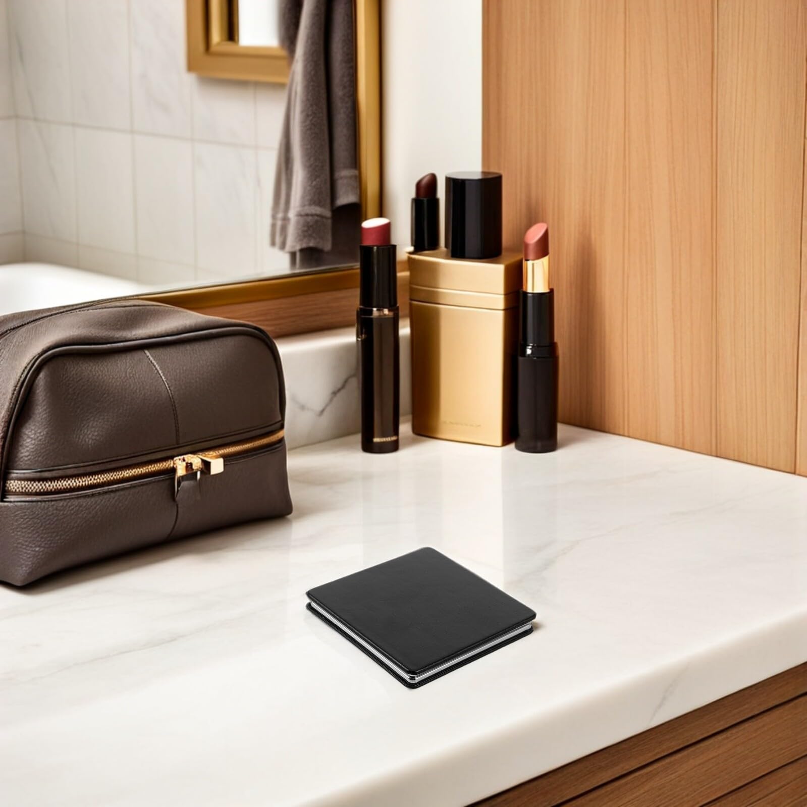 Espejo de Viaje Plegable Cuadrado 8 CM Negro Funda de Cuero, Espejo Compacto de Mano Doble Cara Aumento para Bolso, Maquillaje y Afeitado, Set de 3 Unidades