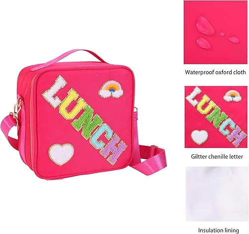 Miniatura 4 de Lonchera personalizada con parches de letras coloridas aisladas, con purpurina, letras universitarias reutilizables para niños (rosa rosa)