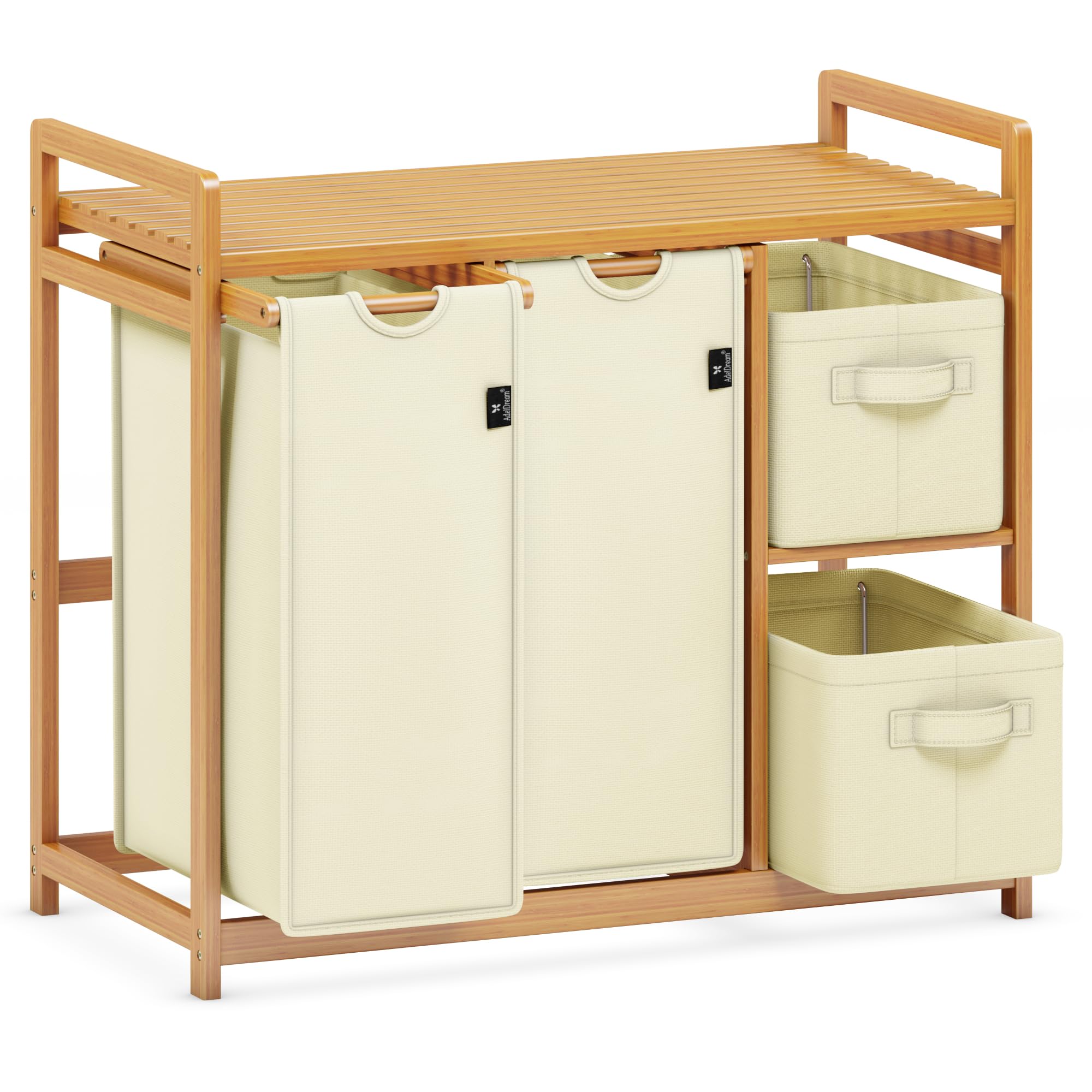 AdelDream B0FCXLP1 - Cesto portabiancheria a 4 scomparti, 140 l, con cestino, con 2 sacchetti per la biancheria e 2 scatole di stoffa con ripiano, in bambù, per la biancheria, colore: Beige