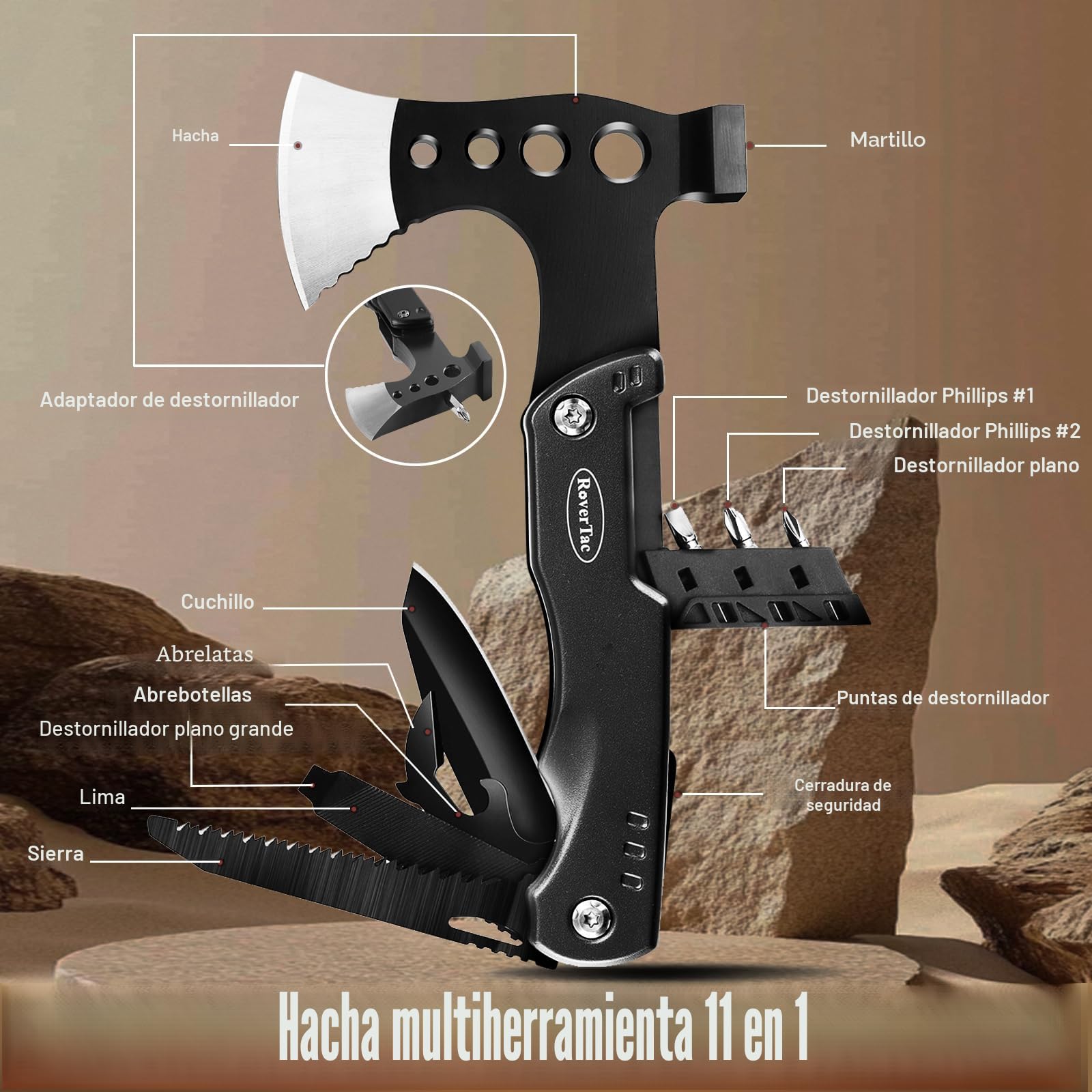 RoverTac Kit de herramientas de supervivencia de equipo de camping Multi Tool Set, hacha multiherramienta 11 en 1, linterna led de alto lúmen, cuchillo de bolsillo, regalos para hombres