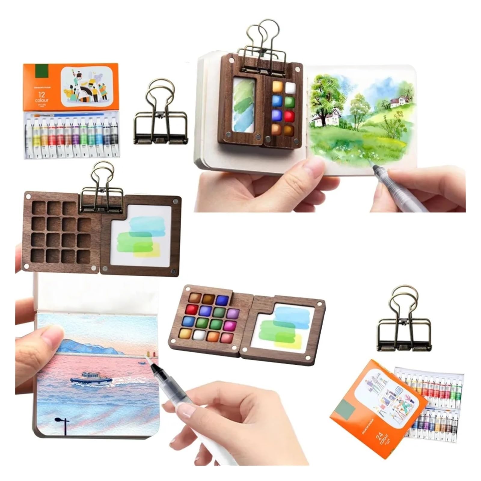 Kleiner Aquarellkasten 8/15 Farben Tragbares Aquarellset Aquarellpigmente Mini-Walnuss-Farbkasten Skizzenbuch for Künstlerbedarf für Anfänger(8 Grid 15 Grid Set)