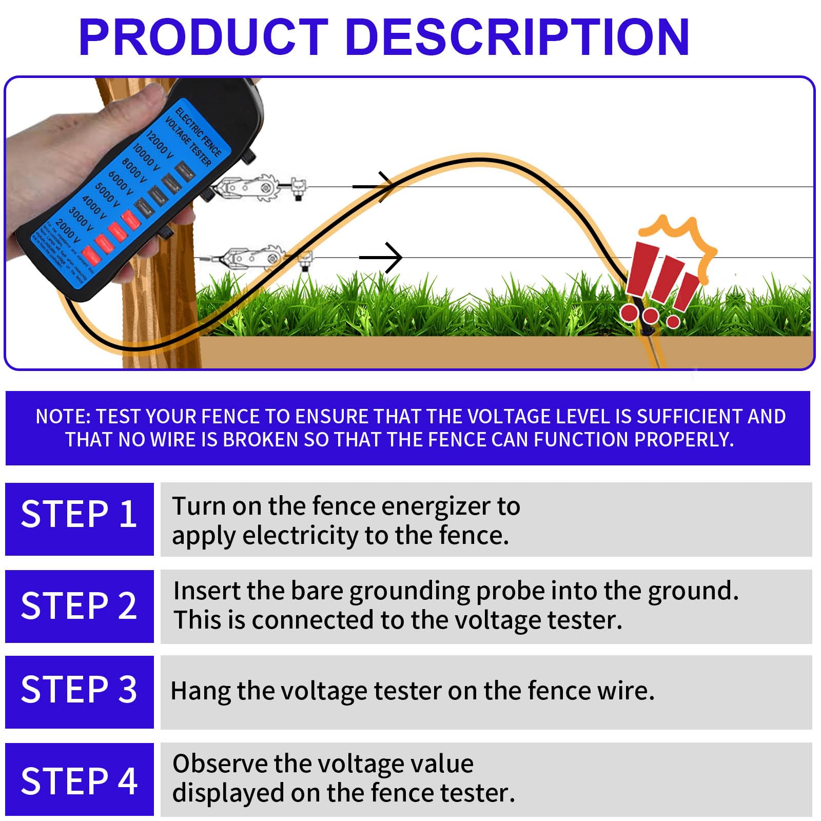 Probador Cercas Eléctricas de 12KV, Probador de Voltaje de Cerca Eléctrica 8 Luces Indicadoras de Neón, Comprobador de Vallas Impermeables para Granjas