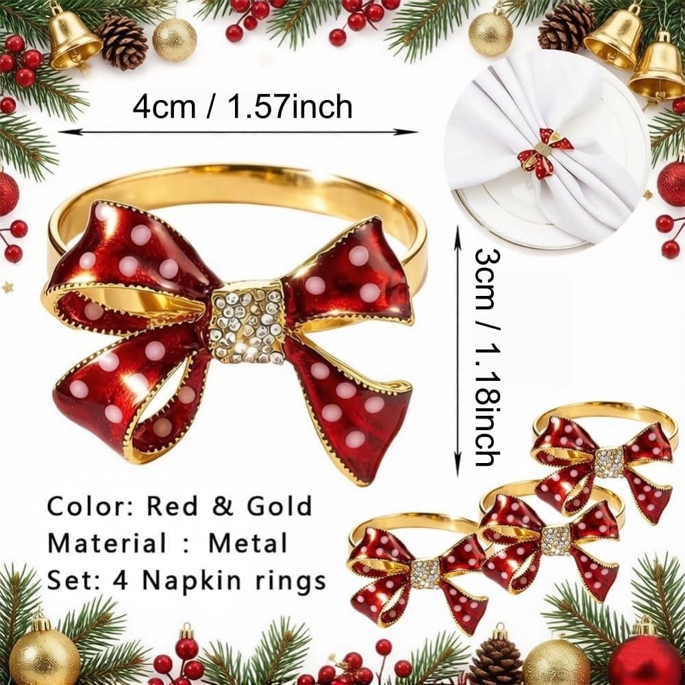 4Pcs Red Bow Napkin Rings, Cute Polka Dot Bow Metal Napkin Ring Holders