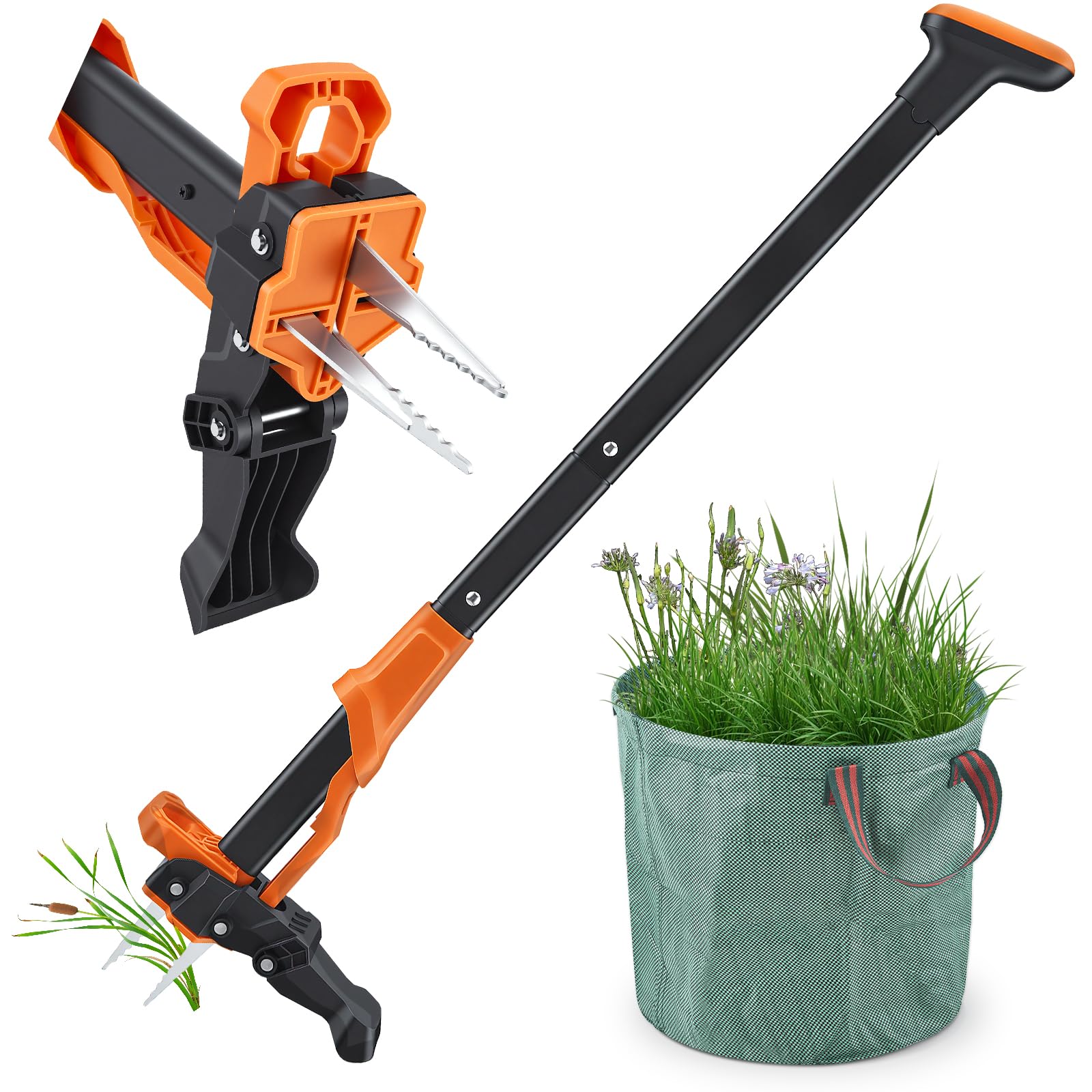Desherbáceo manual y extractor de malezas con bolsa de jardín de 50 l, longitud 100 cm, 4 garras de raíz de acero en herramienta de deshierbe de mango largo para eliminar malezas