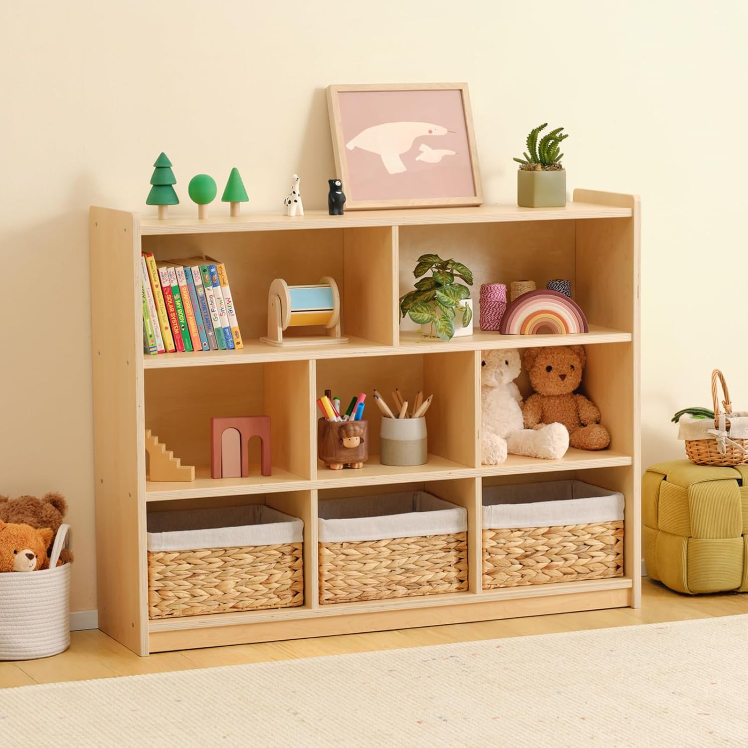OOOK Montessori Toy Shelf, 35.4" H, 3-Tier Toy Storage Organizer with 8 Cubby, Wooden Storage Cabinet, Montessori Shelves for Playroom, Nursery, Daycare, Preschool, Classroom Furniture