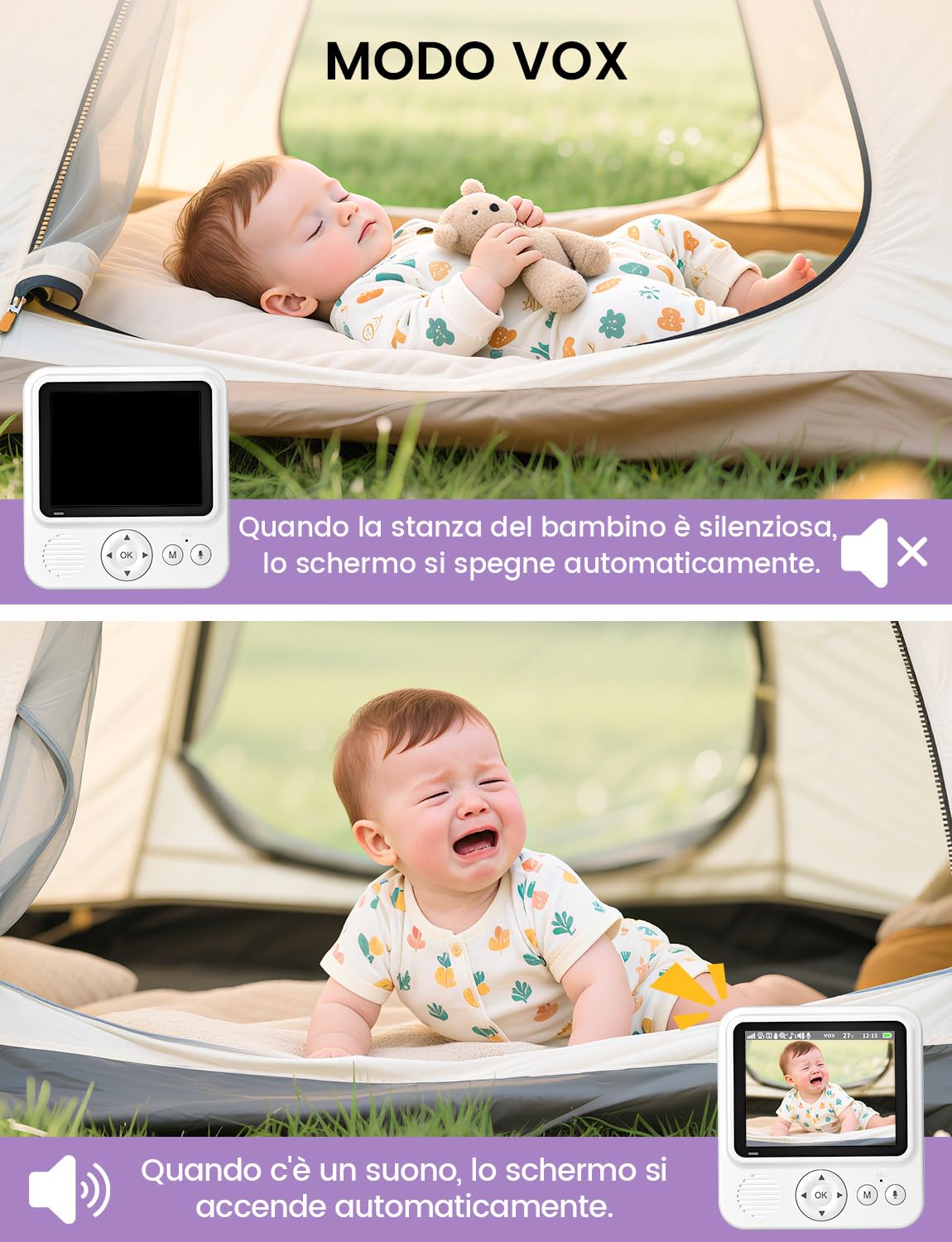 Baby Monitor Video e Audio 2,8" 720P LCD IPS 2000mAh USB-C Zoom Digitale VOX Visione Notturna Comunicazione Bidirezionale Sensore Ninna Nanna