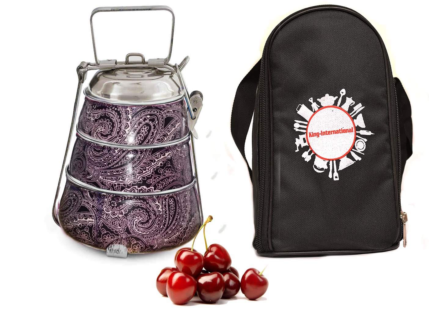 King International Tiffin Lunch Box |Printed Vintage Hand Painted Pyramid tiffin box with Bag |Steel Lunch Box| Stainless Steel Box|22 cm (3 tier)|Steel Tiffin Box |Indian Metal Tiffin| Made in India