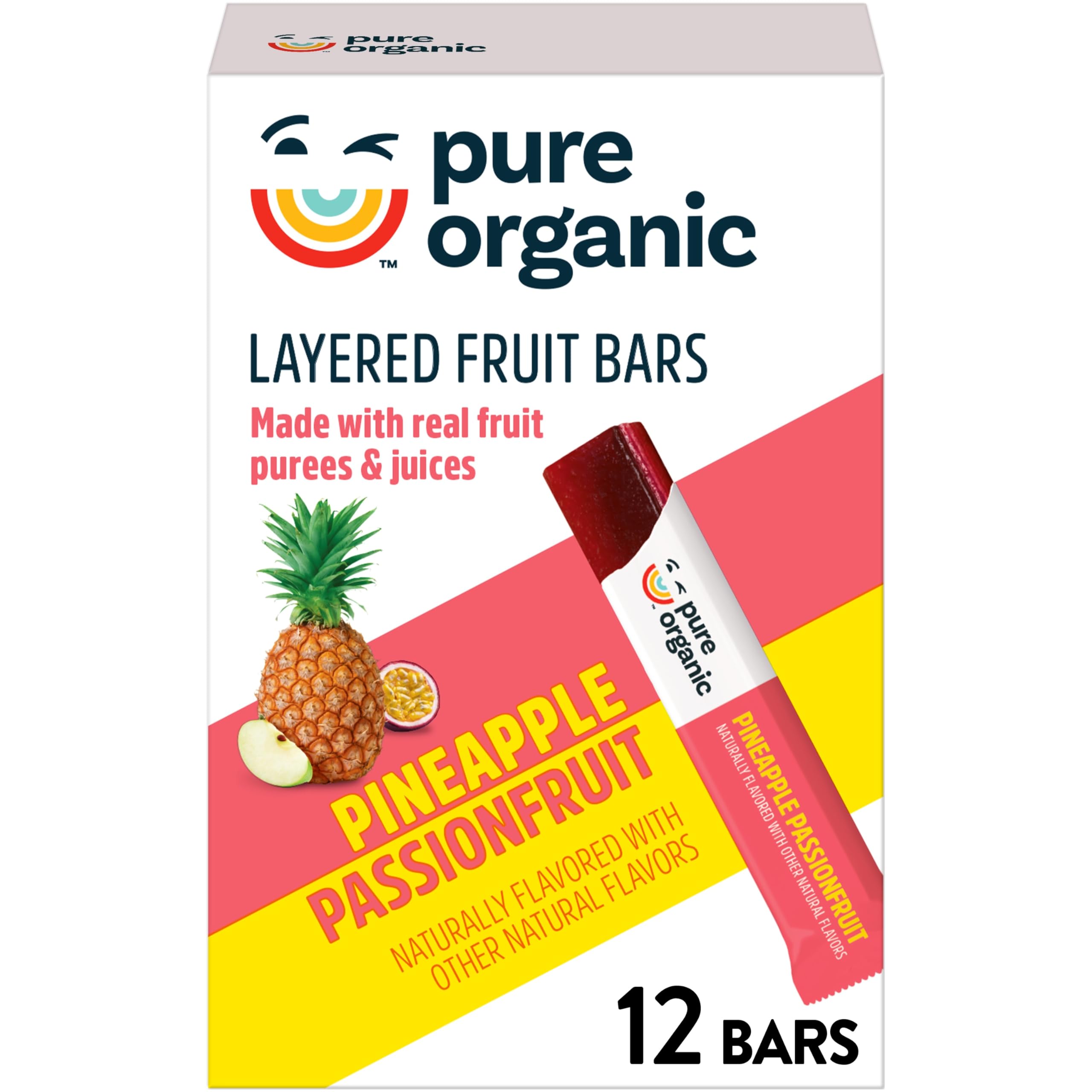 Pure Organic, Layered Fruit Bars, Pineapple Passionfruit, Gluten Free and Vegan Fruit Snacks, 6.2oz Box (12 Count)