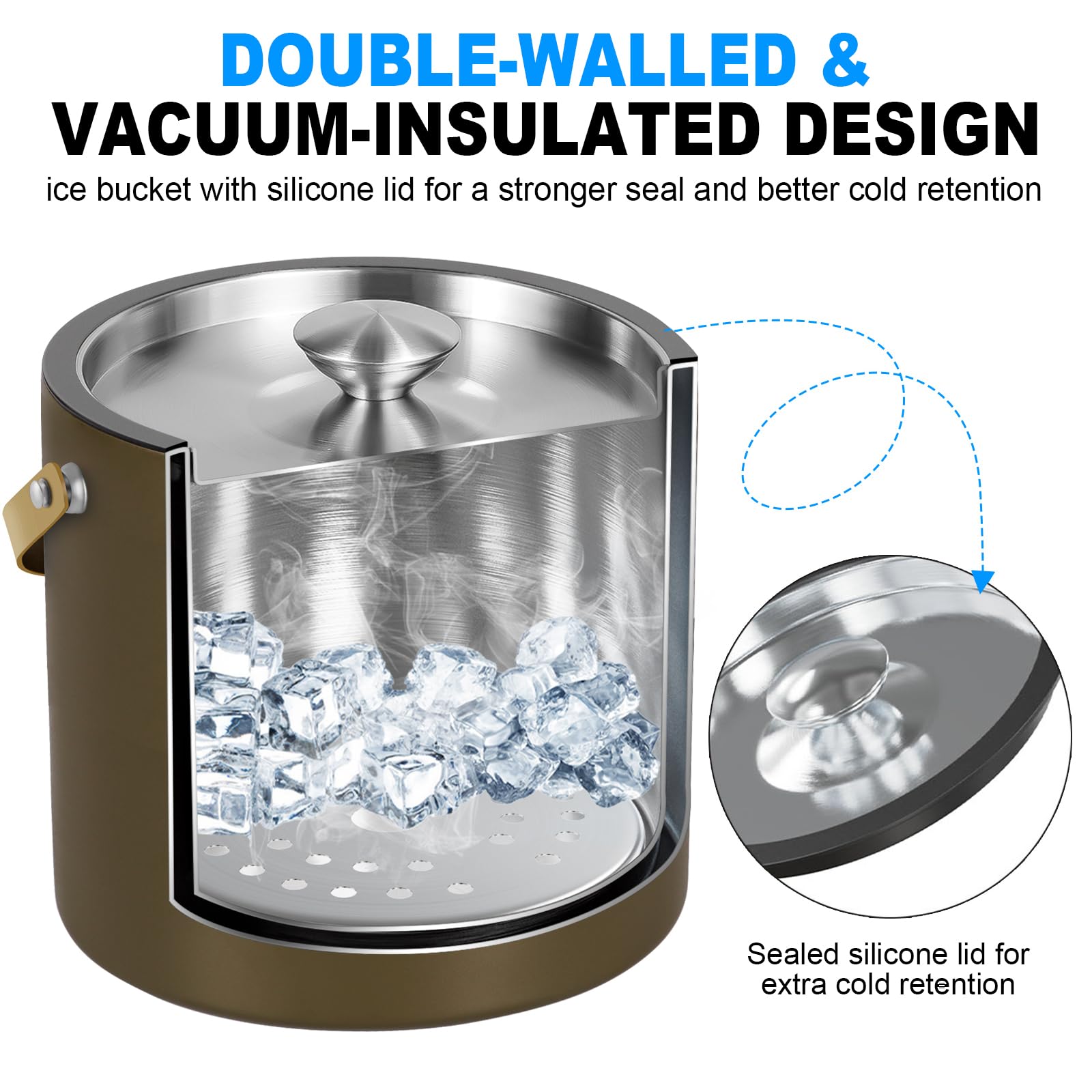 Cubitera de hielo aislada moderna de 3,2 L con tapa de silicona, cuchara, colador, cubo de hielo de acero inoxidable de doble pared para fiestas y bar de cócteles, ideal para regalo