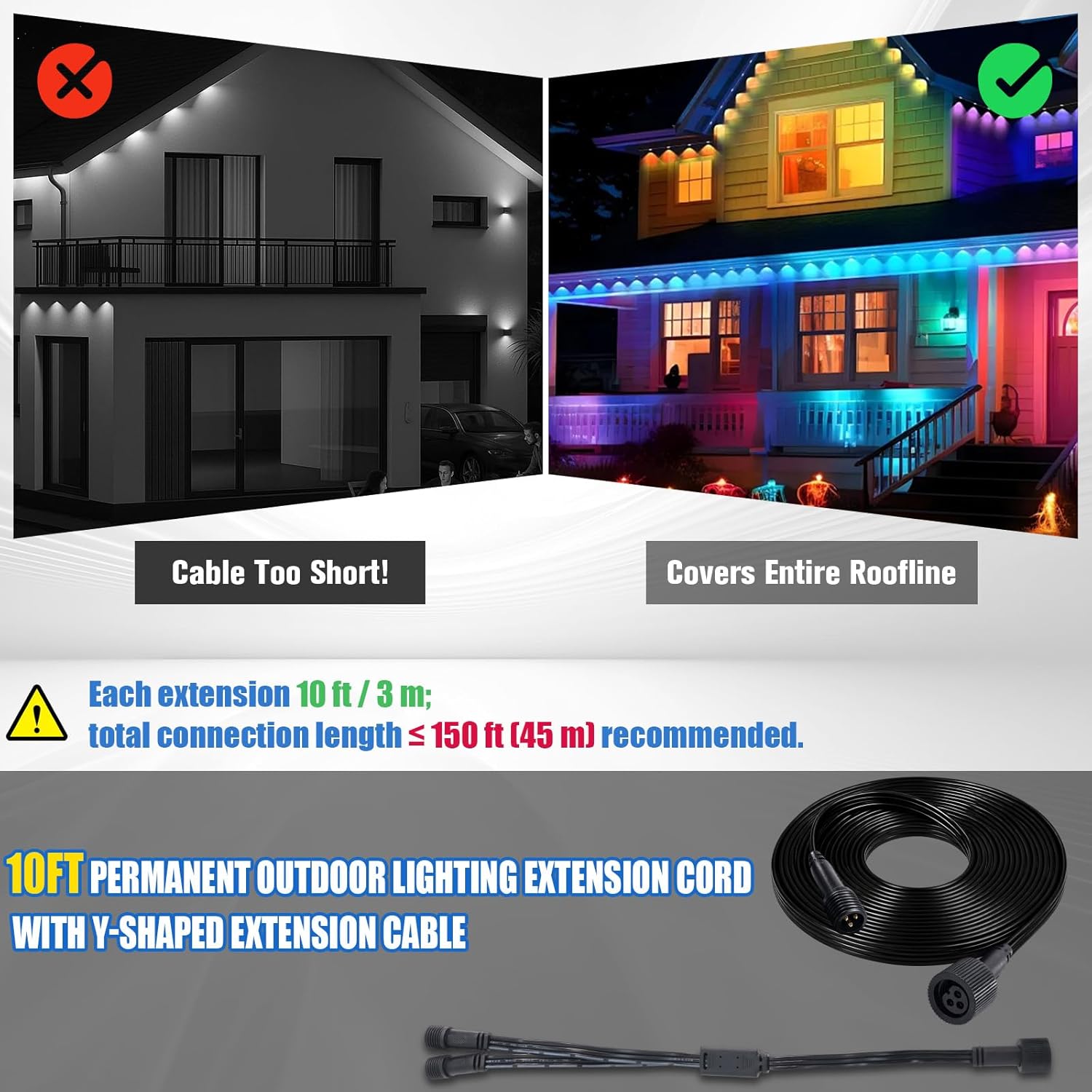 Permanent Outdoor Lights Extension Cord, 16FT IP68 Waterproof 3-Pin Extension Cable with Y-Splitter, Compatible with GO-VE H705A/B/C, H706A/B/C