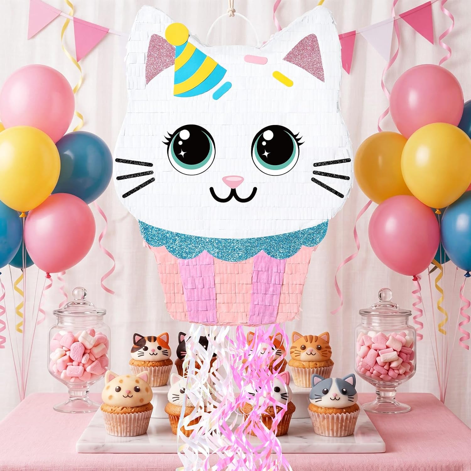 WERNNSAI Cupcake Piñata - Cat Party Decorations Cupcake Cat piñata with Blindfold and Stick for Kids Sweet Birthday Decorations Candy Land Party Baby Shower Celebration Carnival Supplies