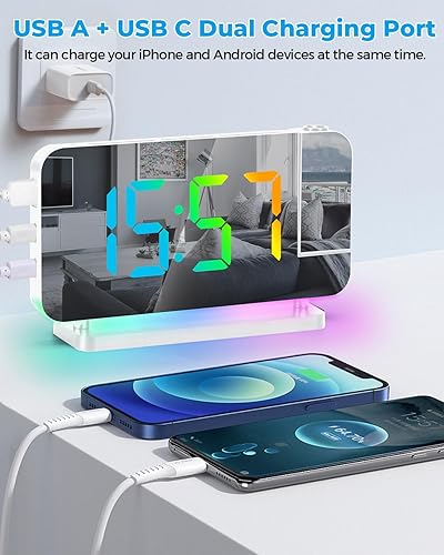 Miniatura 6 de SZELAM Reloj despertador de proyección, reloj digital con espejo LED de 7.4 pulgadas, pantalla grande, con proyector giratorio de 180, luz nocturna