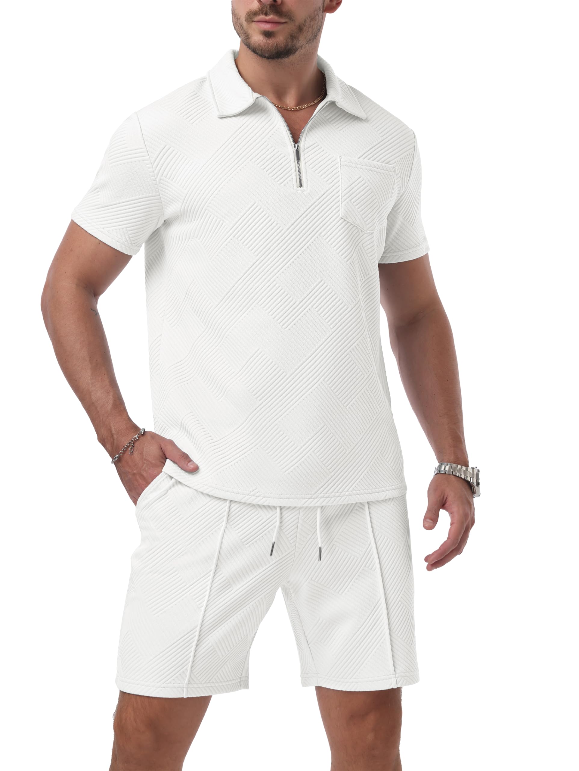 QIXING Herren Sommer Outfit 2-Teiler Polo Hemd & Shorts Set Halbreißverschluss Freizeit Anzug Kurz 2026
