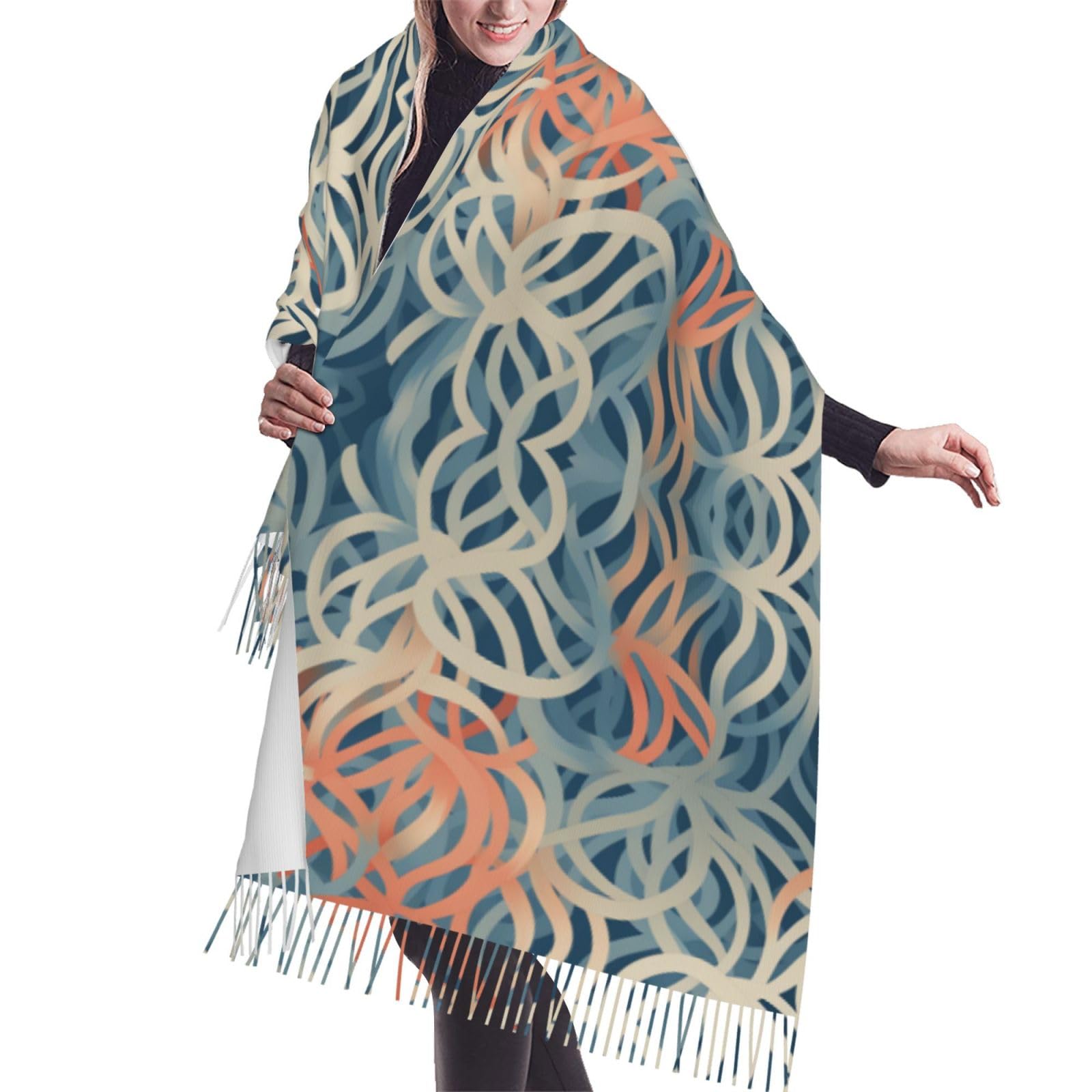 ALLiYa Coral Coloured Patterns Imitation Cashmere Warm Tassel Scarf (Vertical Style) Shawl For Daily Warmth Wearing