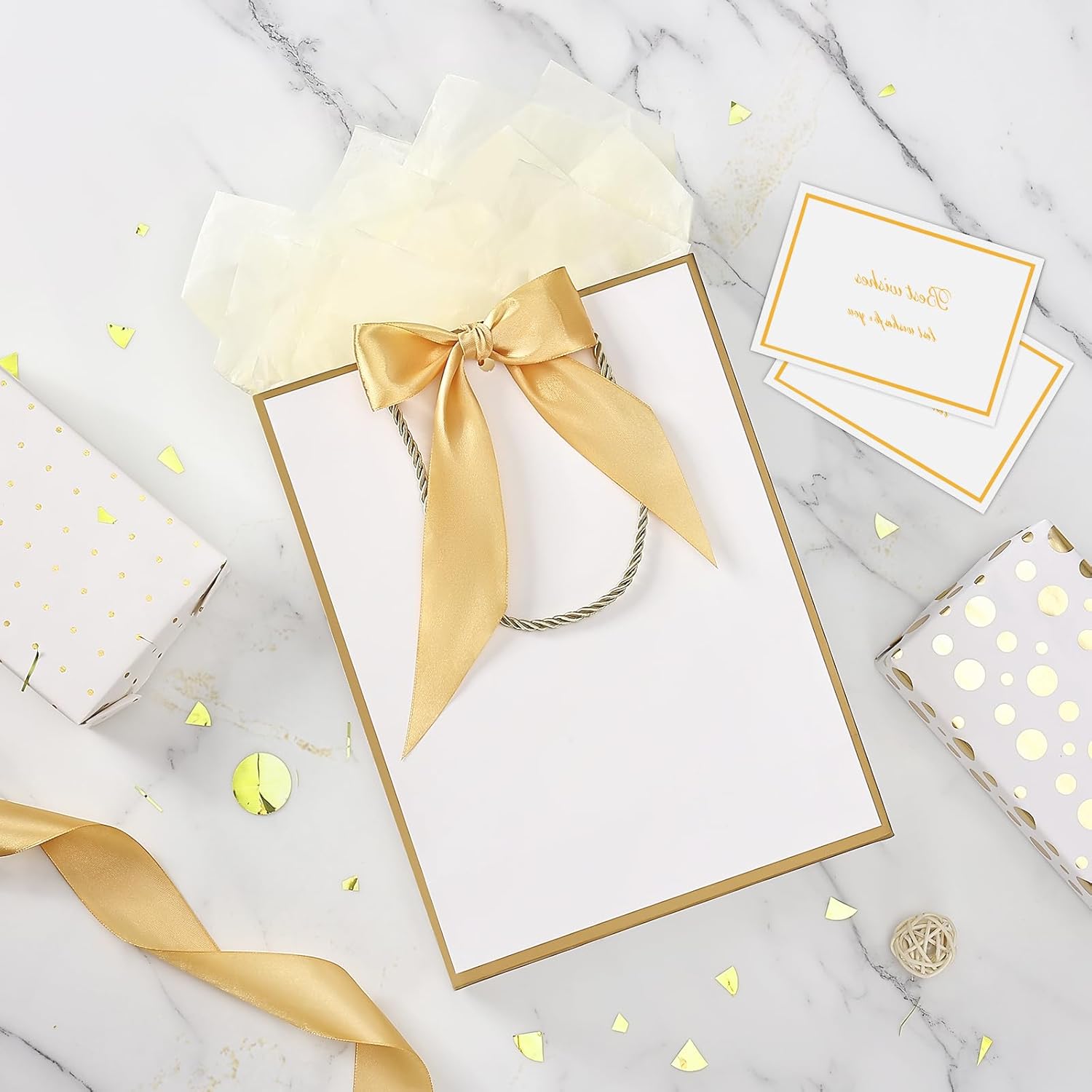 YoungTree 2PCS Medium Gift Bags with Ribbon and 2 Greeting Cards 4 Tissue Papers, Portable Paper Birthday Gift Bags with Handles, Present Bags for Valentines Day Wedding Party Supplies (White-Gold) - Image 2
