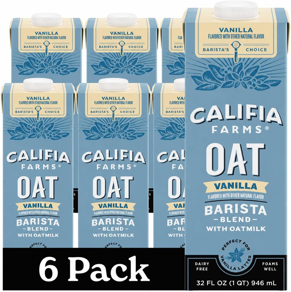 Vanilla Oat Barista Blend Oat Milk, 32 Oz (Pack of 6)| Non Dairy Milk | Creamer | Vegan | Plant Based | Gluten-Free | Non-GMO