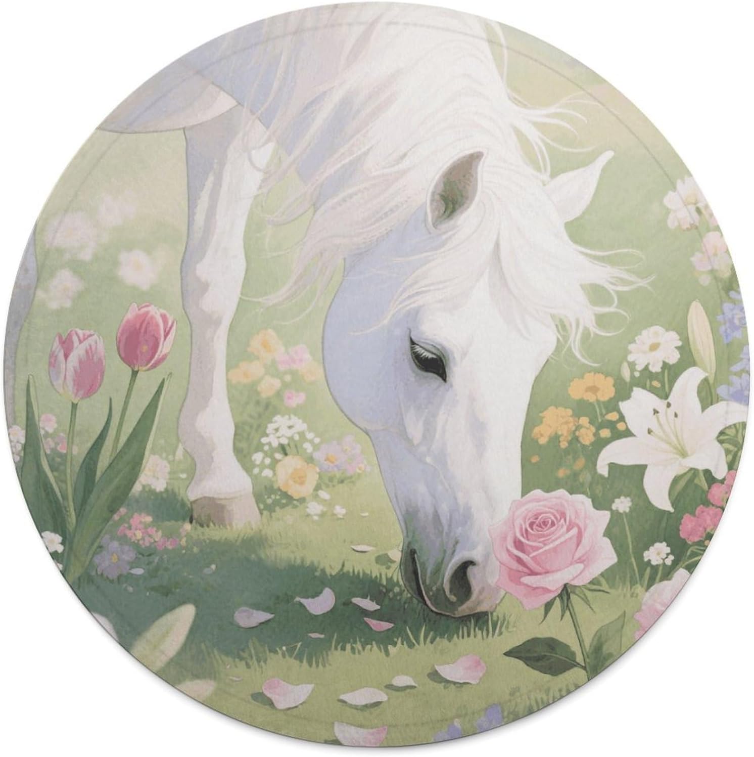 White Horse Throw Blanket Round Beach Towel | 59.1 Inch Circular Flannel blanket Large Soft Beach Blanket Lightweight Foldable Beach Towel Throw for Daily Leisure Use