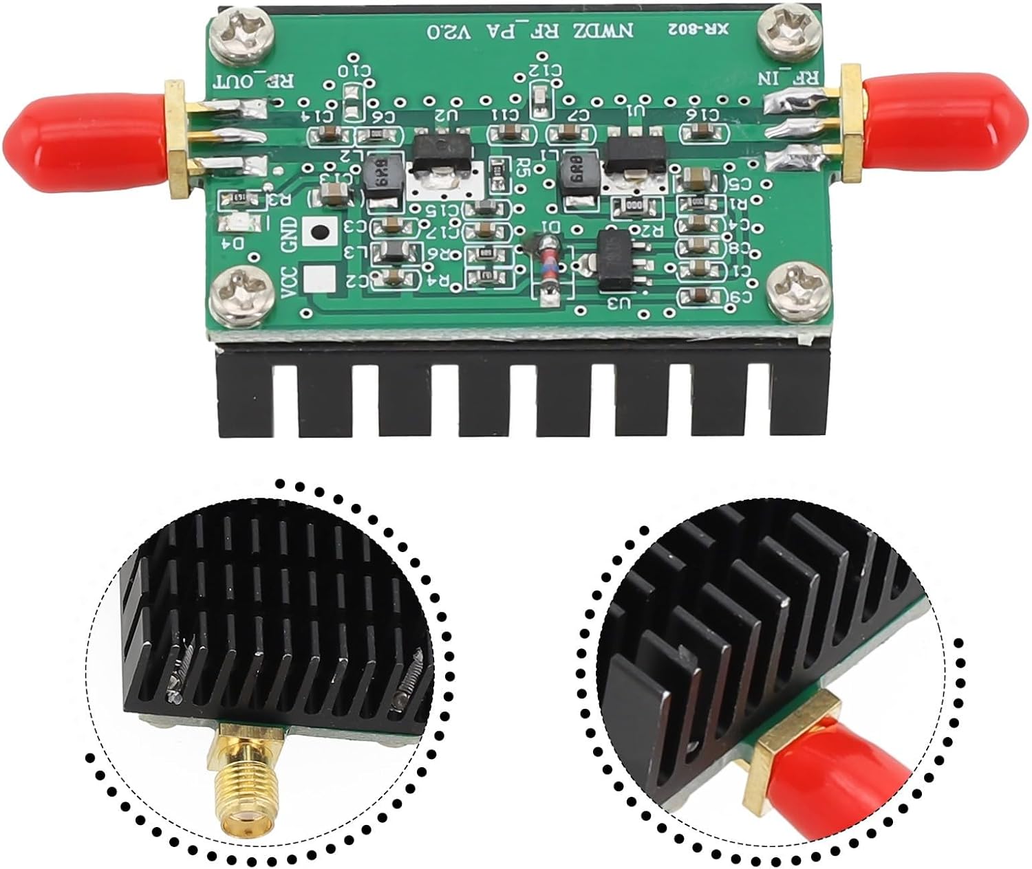 Close-up of RF Power Amplifier Module heatsink and connectors