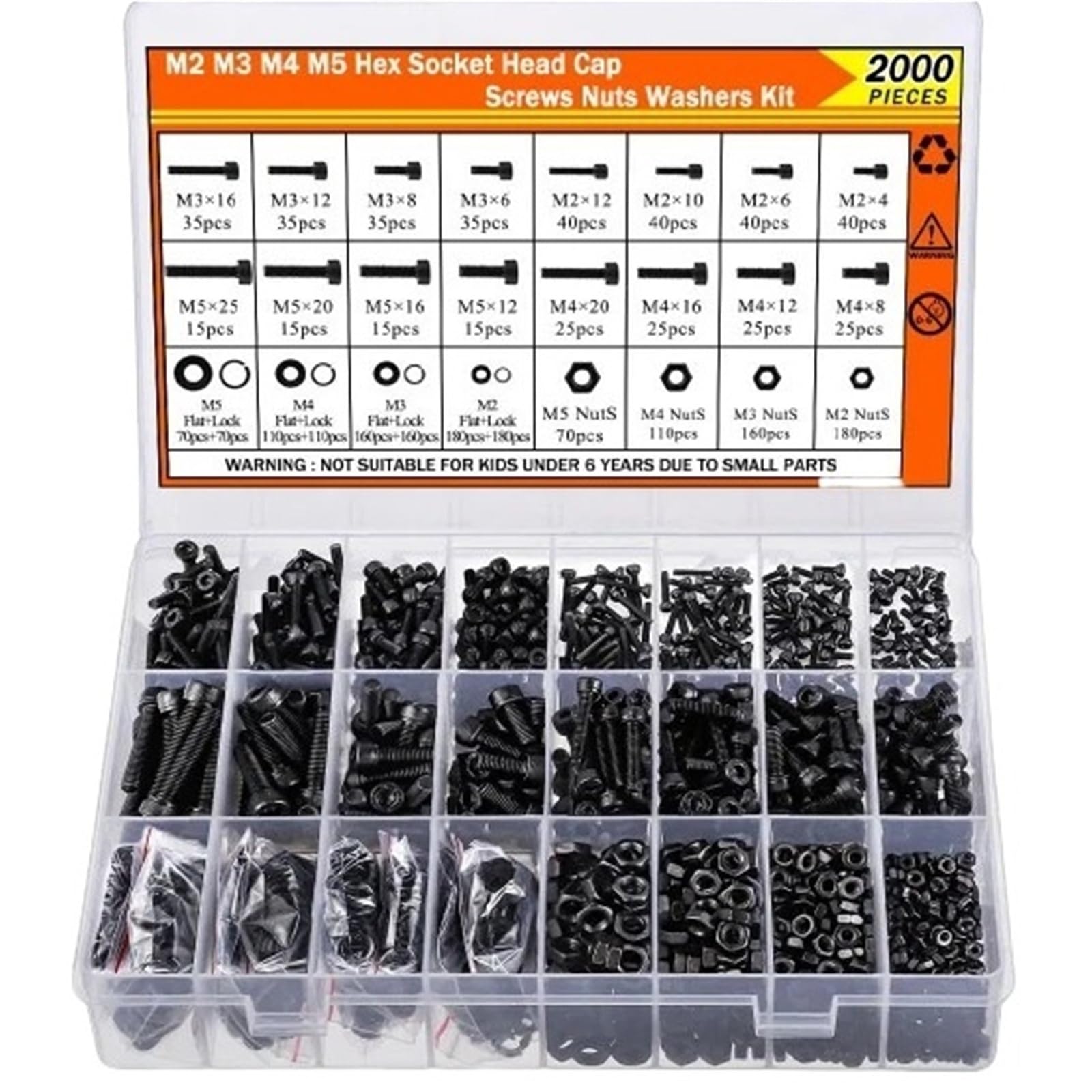 2000-teiliges Metrisches Schraubenmuttern-Bolzen-Unterlegscheiben-Set M2 M3 M4 M5, 12.9 Legierter Stahl, Schwarzes Innensechskant-Maschinenschrauben-Sortiment