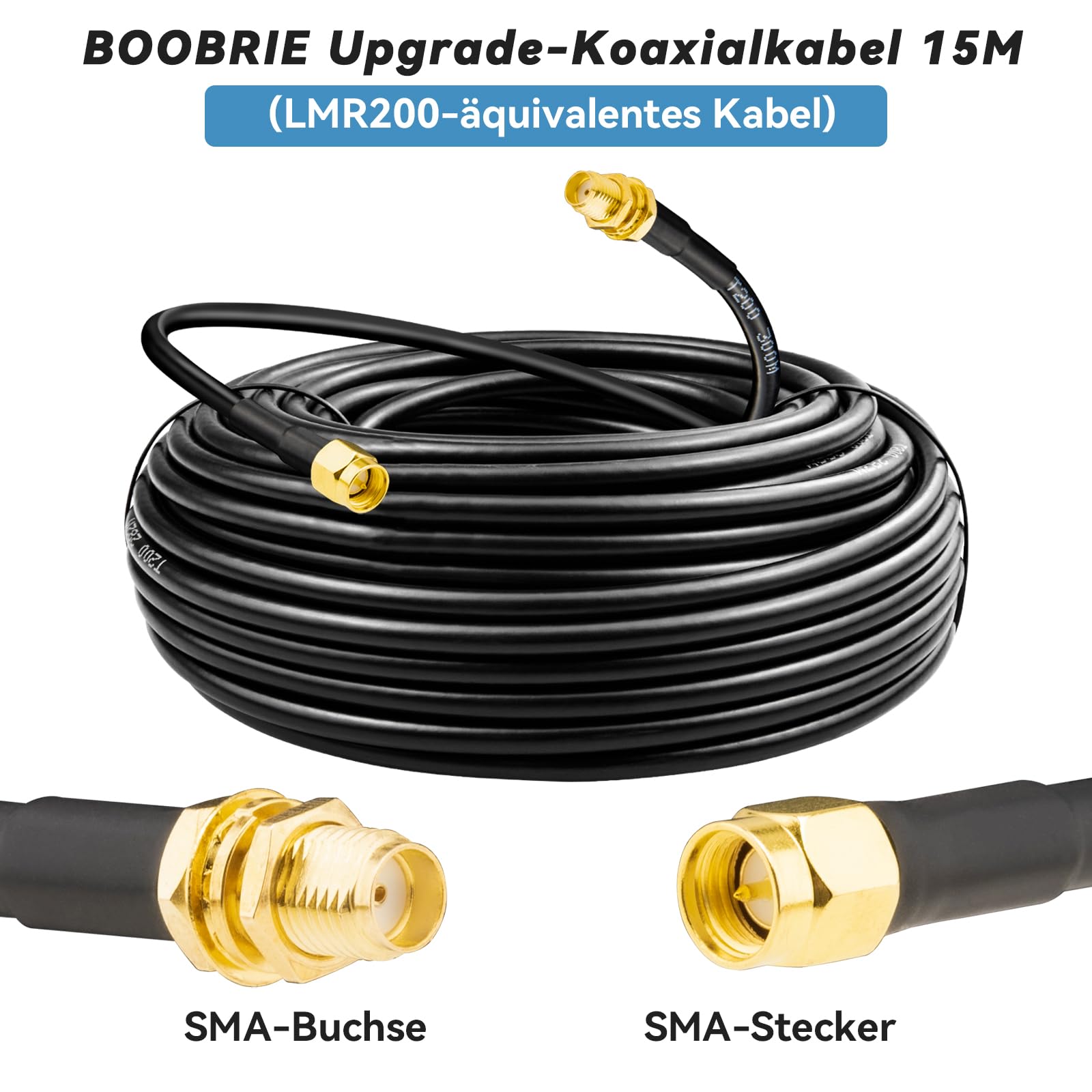 Câble d'antenne SMA équivalent LMR200 - 15 m - Mâle vers femelle - 50 ohms - Faible perte - Câble coaxial RF pour antenne extérieure, routeur 5G LTE, répéteur Wi-Fi