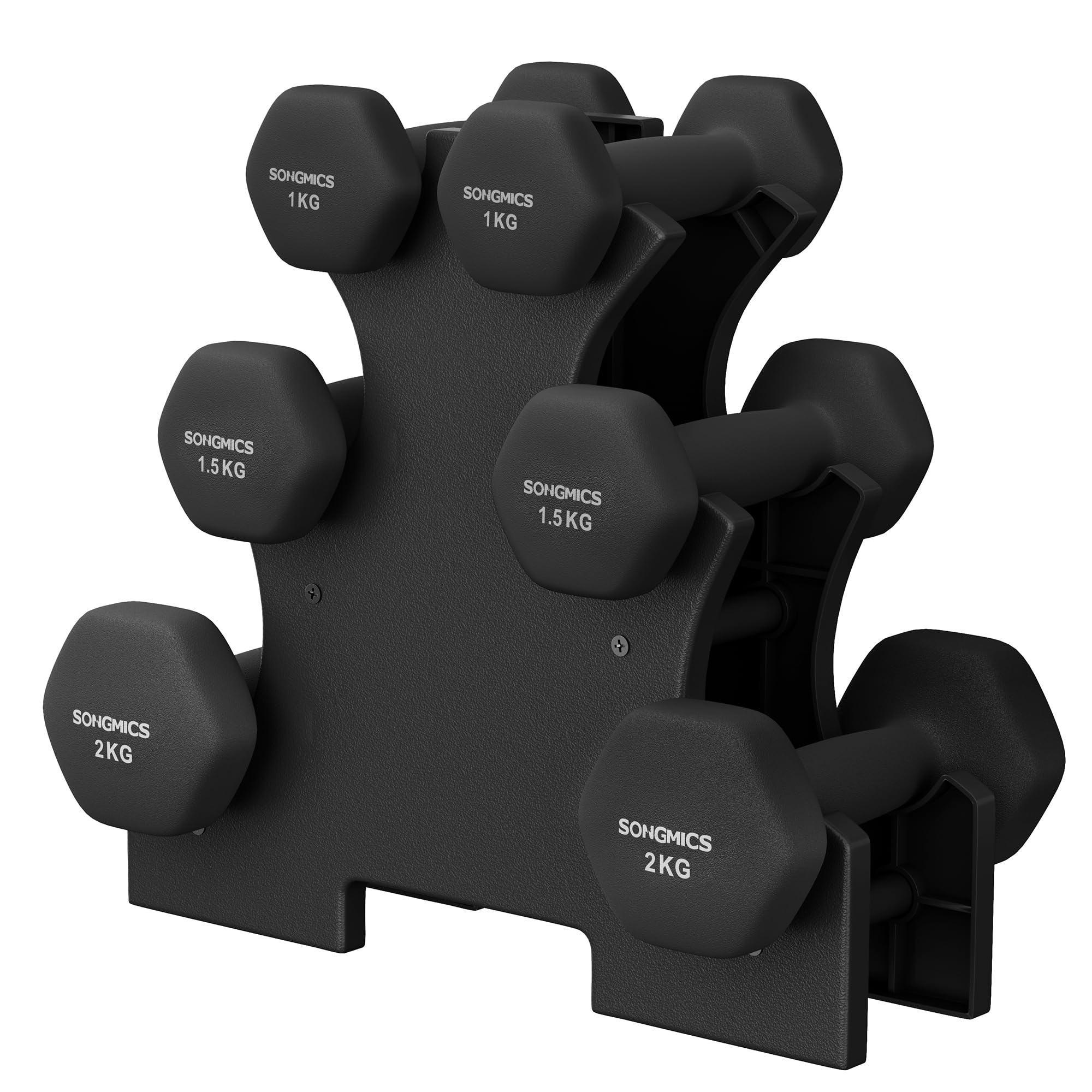 SONGMICS Hex Dumbbells Set with Stand, 2 x 1 kg, 2 x 1.5 kg, 2 x 2 kg