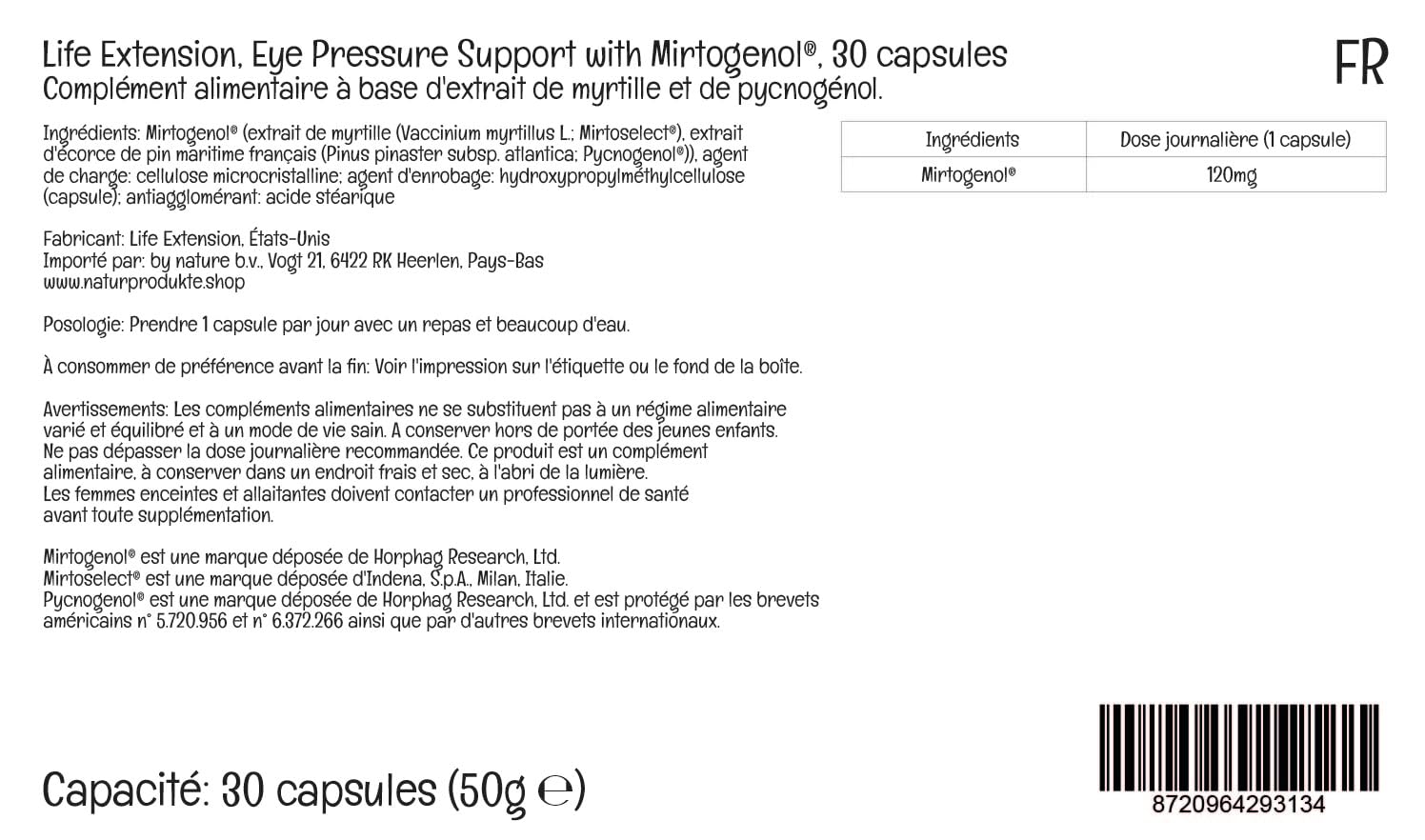 Life Extension, Eye Pressure Support with Mirtogenol, Extracto de Arándano y Pycnogenol, 30 Cápsulas veganas, Testado en Laboratorio, Sin Gluten, Vegetariano, Sin Soja, No GMO