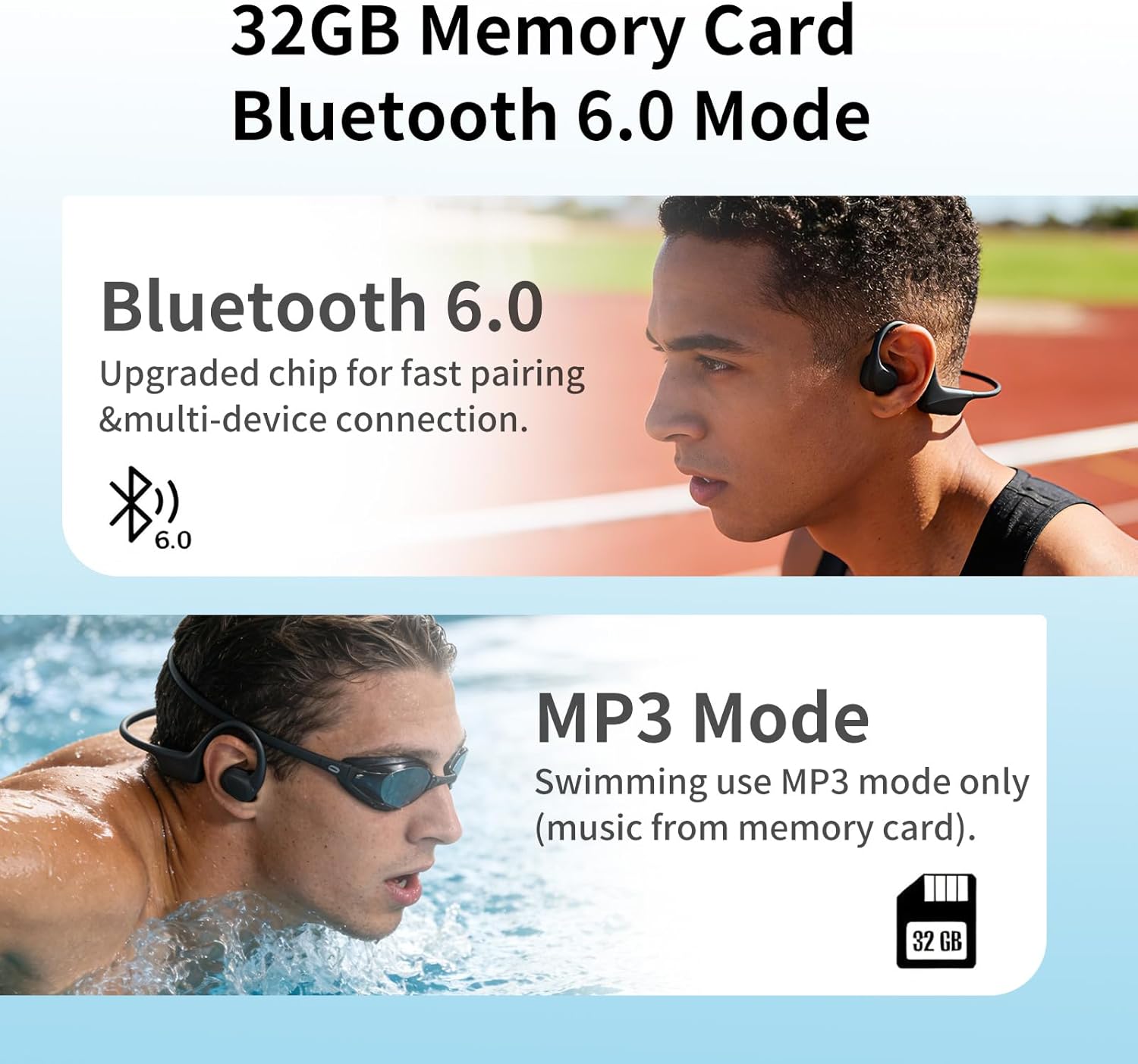 Swimming headphones-bone conduction headphones, IP68 waterproof built-in MP3 player 32G memory, underwater swimming headphone, wireless open Earphones Bluetooth 6.0, for running, cycling (Black)