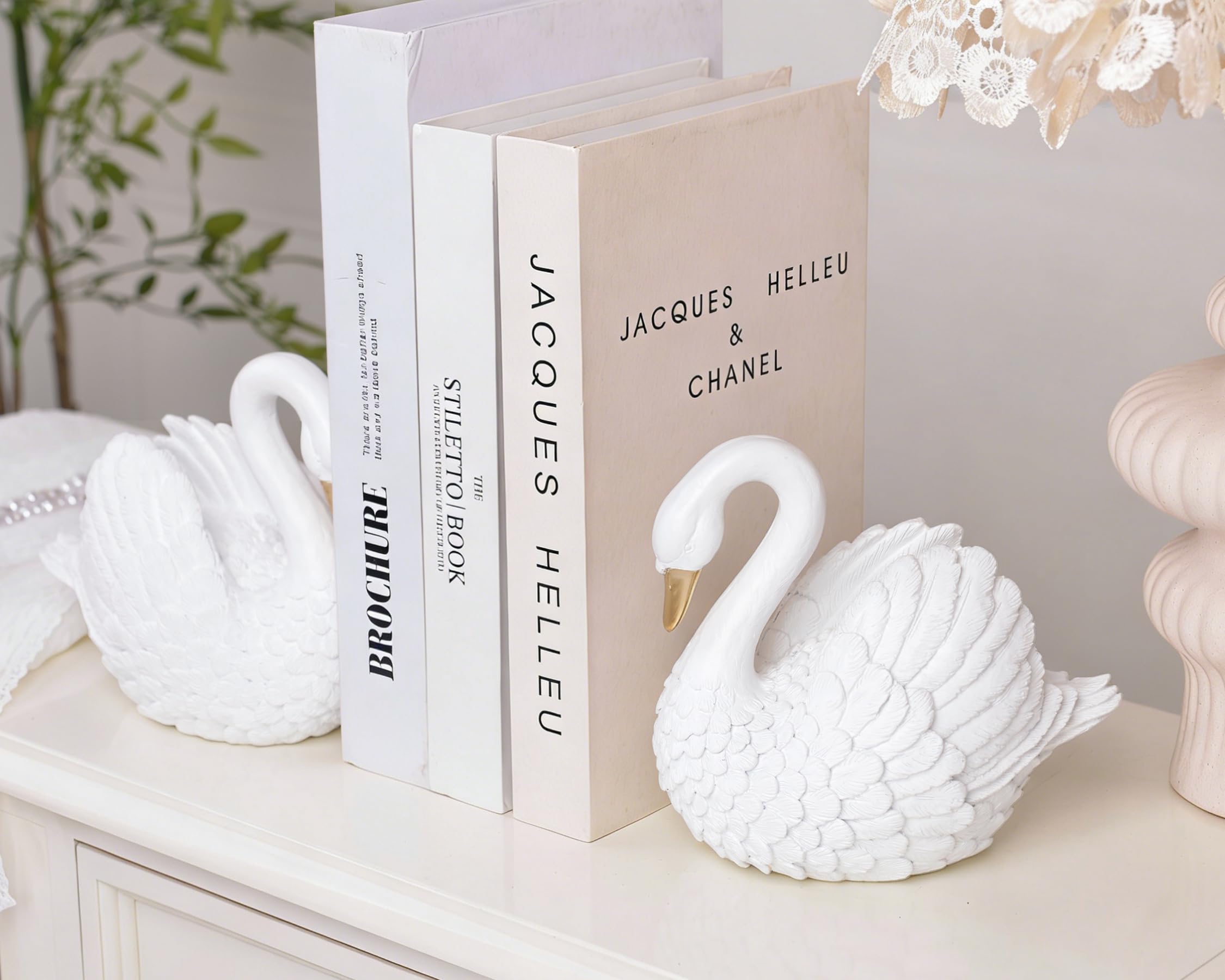 Fermalibri decorativi a forma di cigno, in resina, per mensole, unici supporti per libri bianchi, decorazione a forma di cigno resistente, per casa, ufficio, scrivania, libreria, set di 2