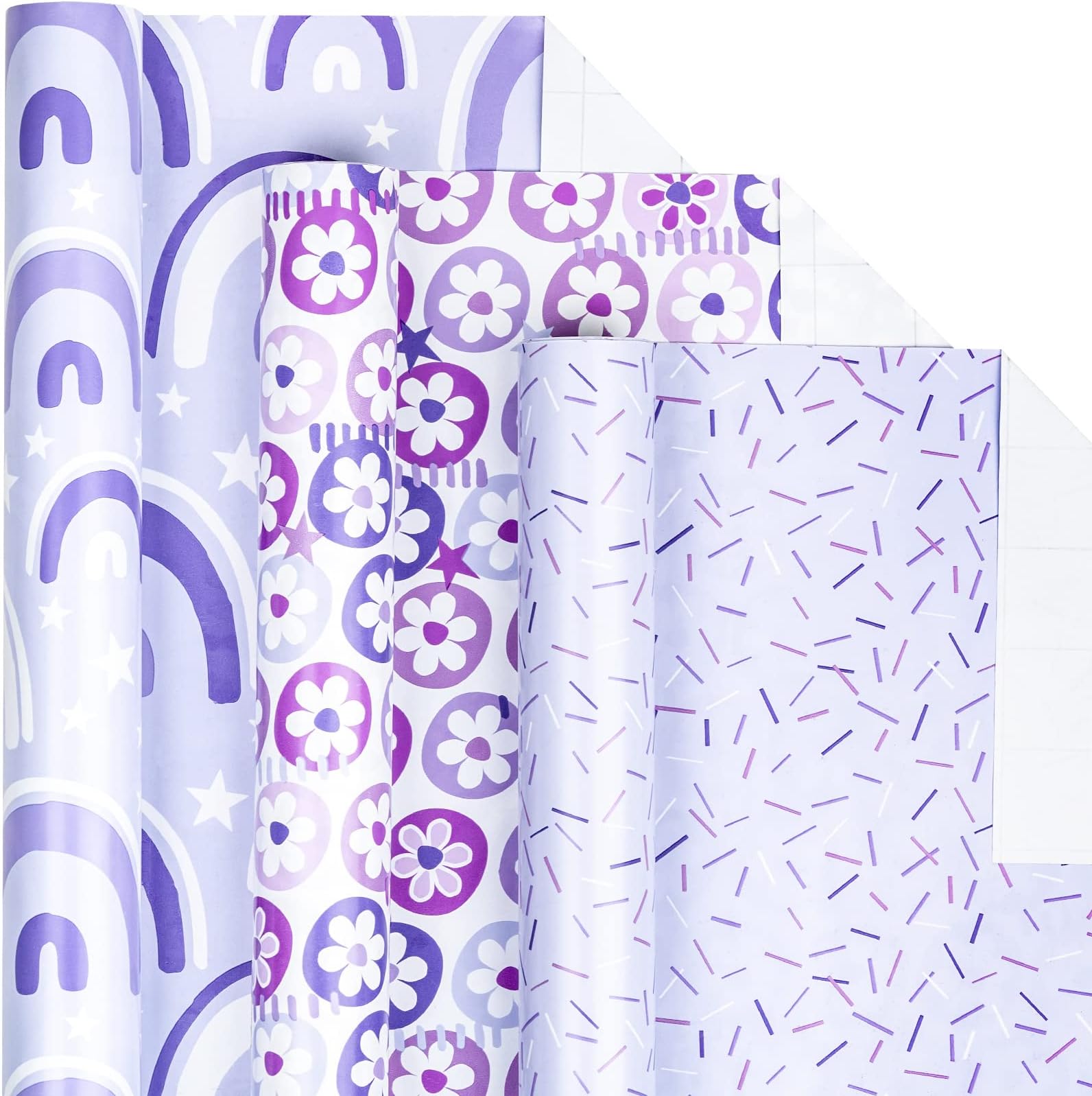 LeZakaa Purple Gift Wrapping Paper, Flower Ball/Colorful Strip/Arch Print for Wedding, Mother's Day, Birthday, Mini Roll, 17 x 120 inches, 3 Rolls (42.5 sq.ft.ttl.)