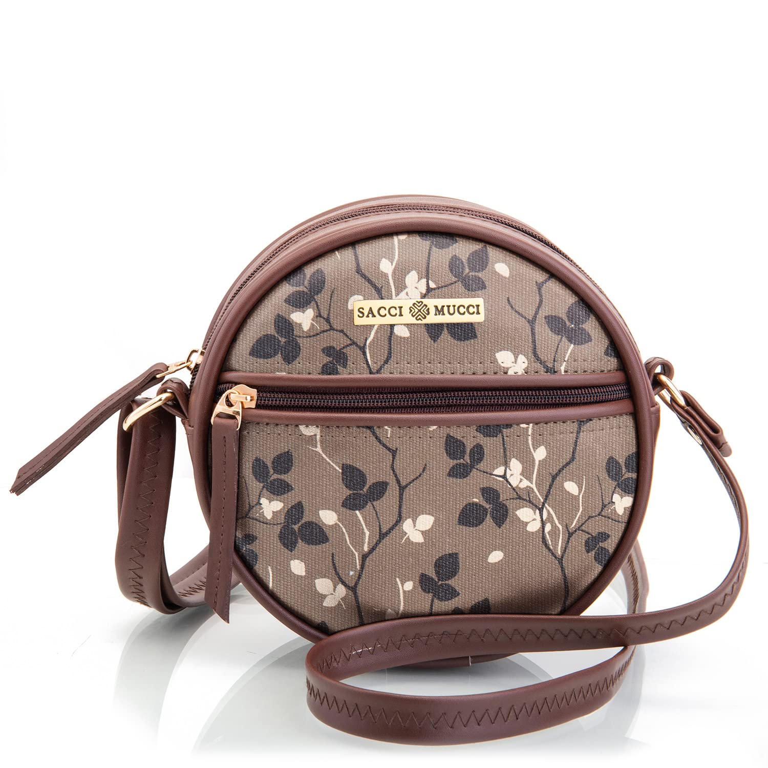 SACCI MUCCI Womens Handcrafted in Vagan Leather and Cotton Canvas Round Shouder Bag (18 x 18 x 6 cm) - Floral Tree Twig Design (Brown) (B0BW99Y1SV) Amazon Price History, Amazon Price Tracker