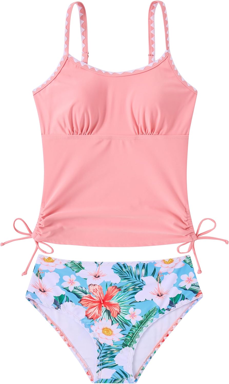 Funnycokid Teen Girls Swimsuit Padded Bathing Suit 2 Piece Tankini Contrast Trim Ruched Design Swimwear 9-16Y