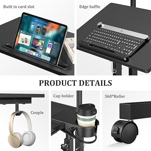 Miniatura 8 de Escritorio de pie pequeño con ruedas, escritorio móvil de pie, mesa de pie portátil sobre ruedas para almohadilla para caminar, escritorio de