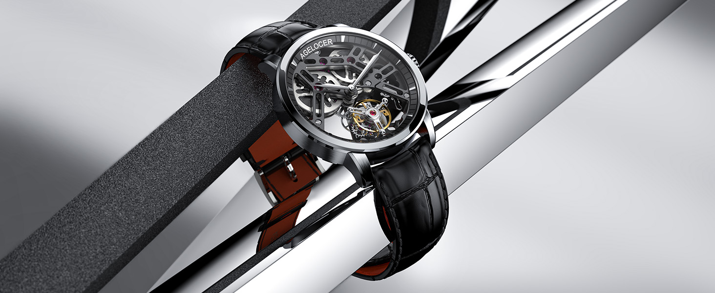 Agelocer Orologio Meccanico Uomo Tourbillon 9004E1, Quadrante Scheletrato E Fondo Vista, Pelle Italiana - 4