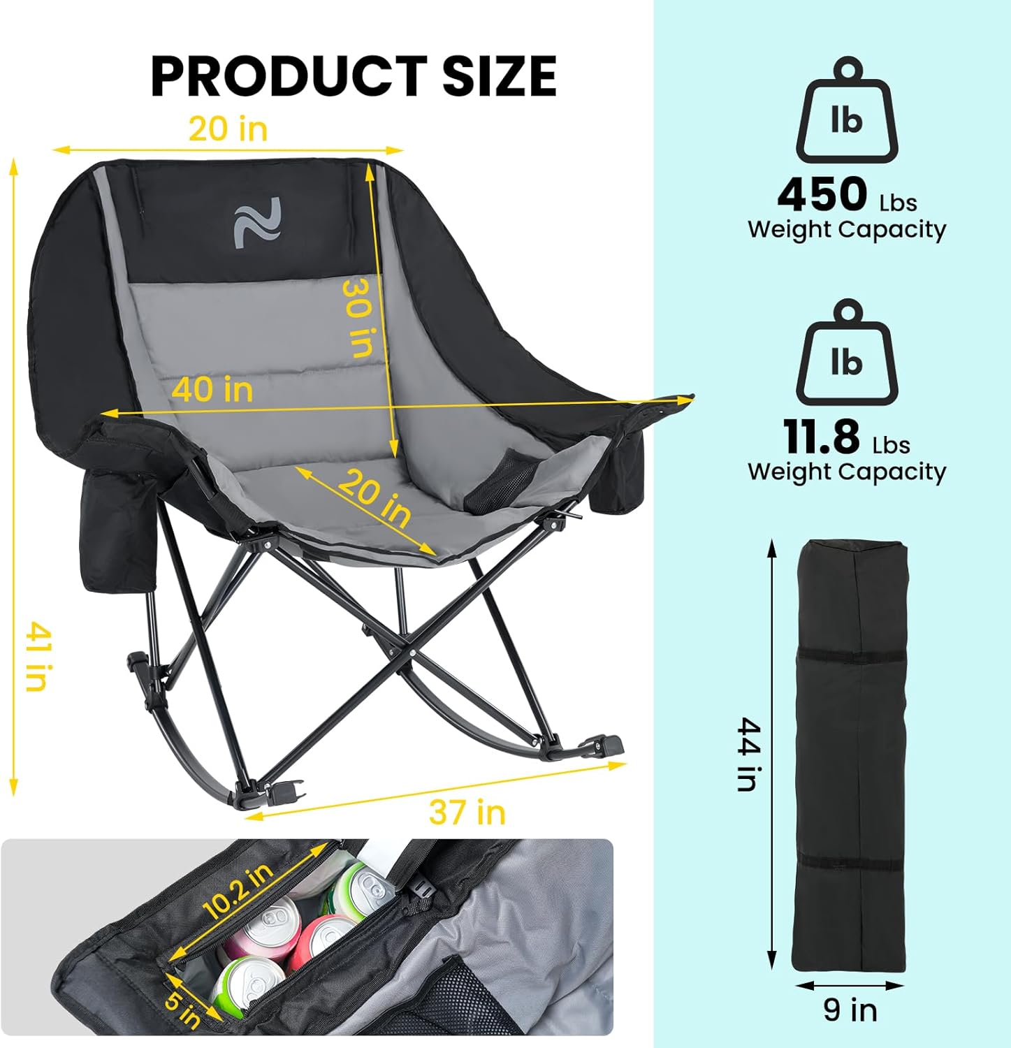 NAIZEA Folding Rocking Camping Chair, Portable Outdoor Rocker with Cooler Bag - 400lbs Capacity, 600D Oxford Fabric, Easy Fold Padded Rocker Chair for Patio, Lawn, Camping, Backyard, Beach