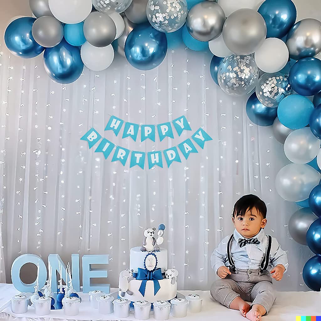SpecialYou.in Birthday Decoration Kit for boys with white net curtain, Silver, White & blue Balloons, & Fairy LED lights(40Ft Long),1st birthday decoration items for baby boy, Birthday Decor- 66 pcs