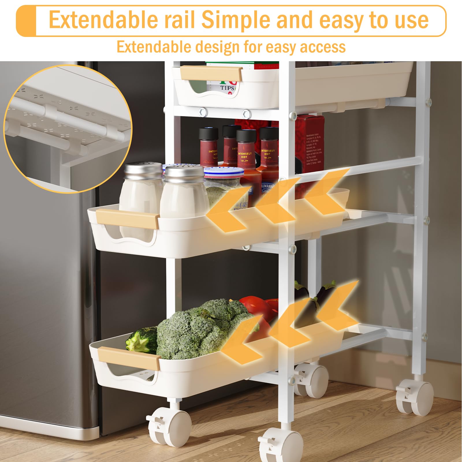 DROMEZ ROMEZ Carrello Cucina a 5 Ripiani, Carrellino Salvaspazio con 4 Cassetti, Bianco - Scaffale Stretto con Ruote, per Bagno Ufficio, L38 x B20 x H81 cm