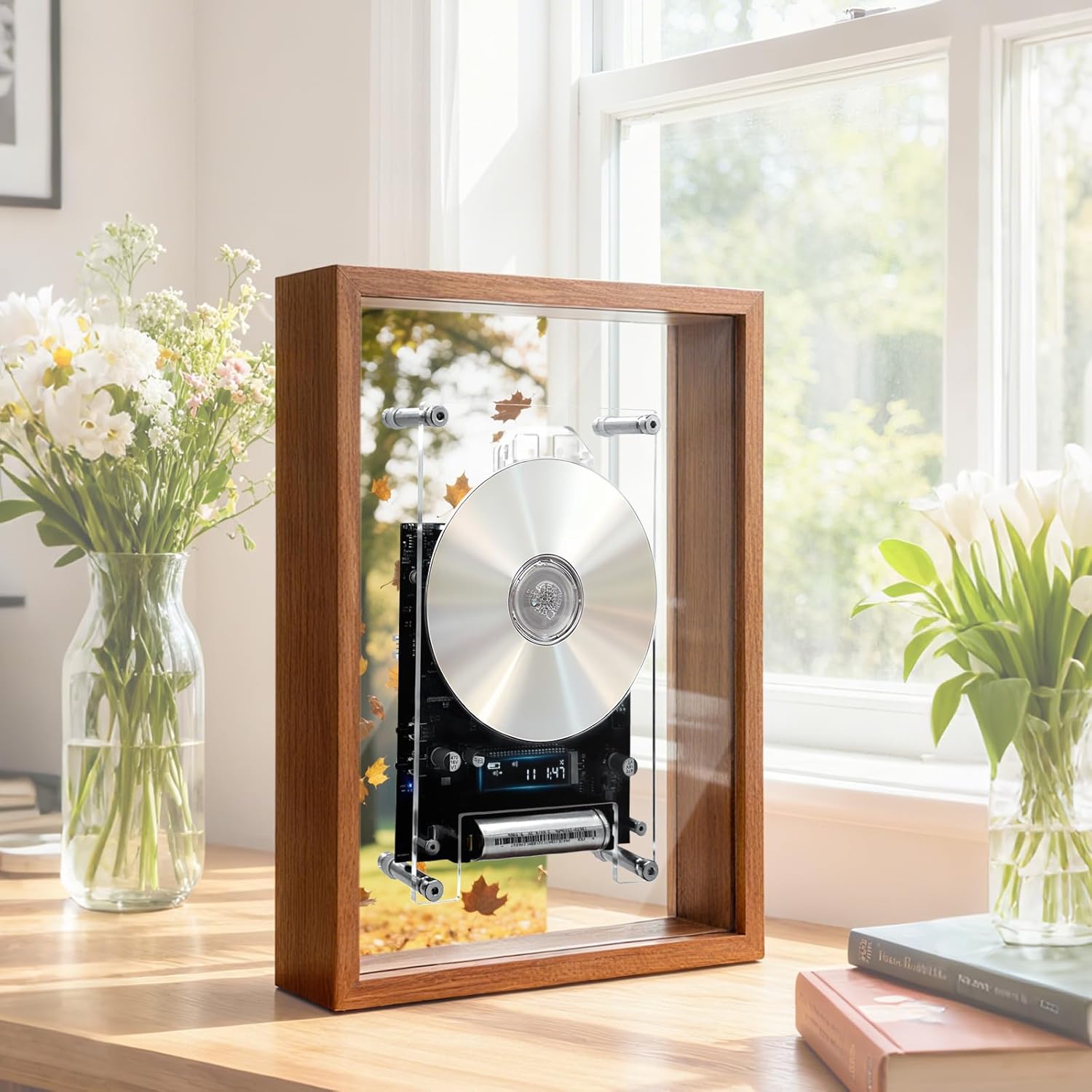 Picture Frame with Built-in CD Music Player, Decorative Wooden Photo Frame for Wall & Tabletop Home Decor, Supports Wireless Speakers & Headphones, CD Not Included