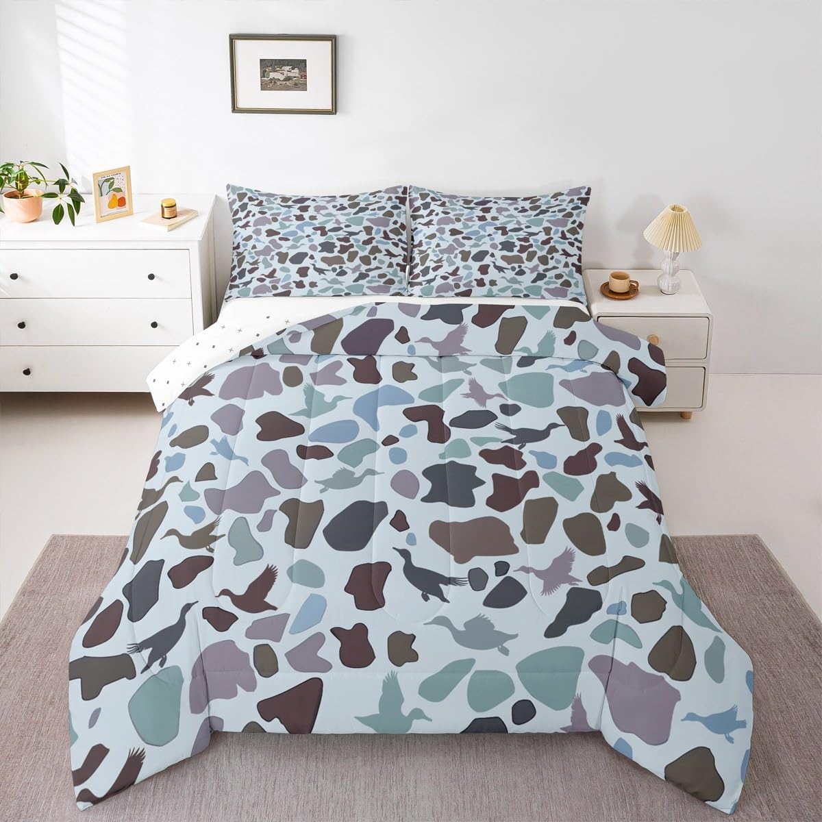 Erosebridal Mallard Duck Comforter Set Twin Size,Hunting Wildlife Flying Bedding Set for Kids Youth Teens,Army Camouflage Wild Animals Duvet Insert Boys Adult Men Room Decor with 1 Pillow Case