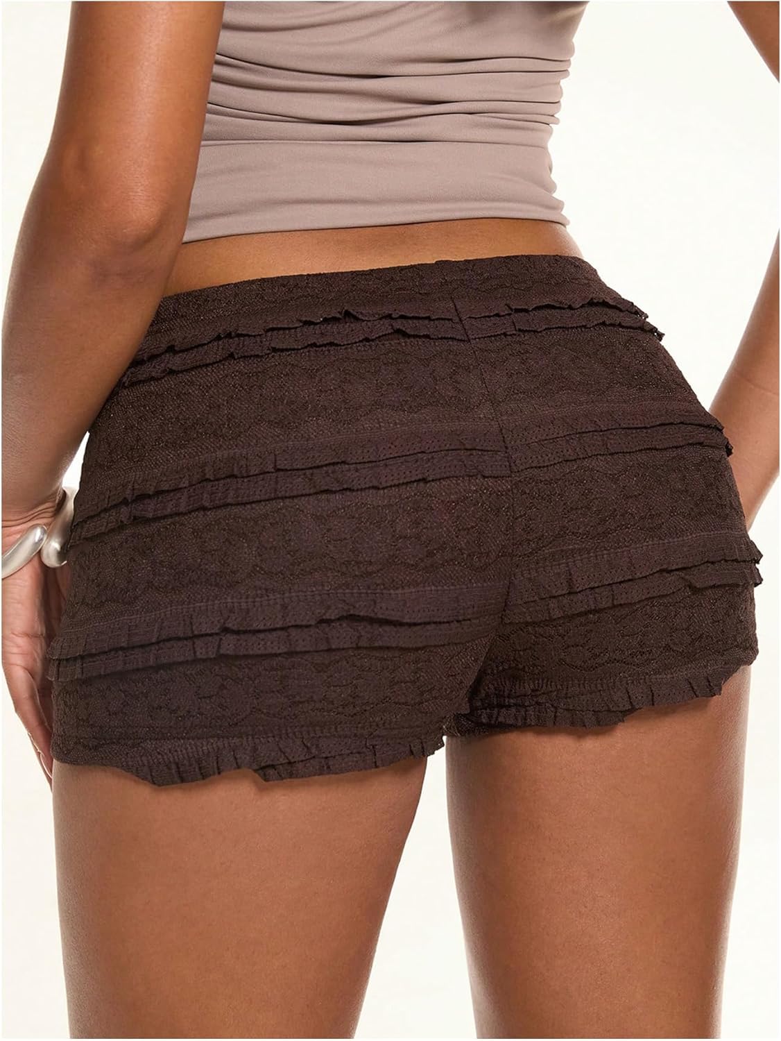 MakeMeChic Women's Ruffle Mini Shorts Crochet Layered Mesh Lace Micro Shorts - Image 2