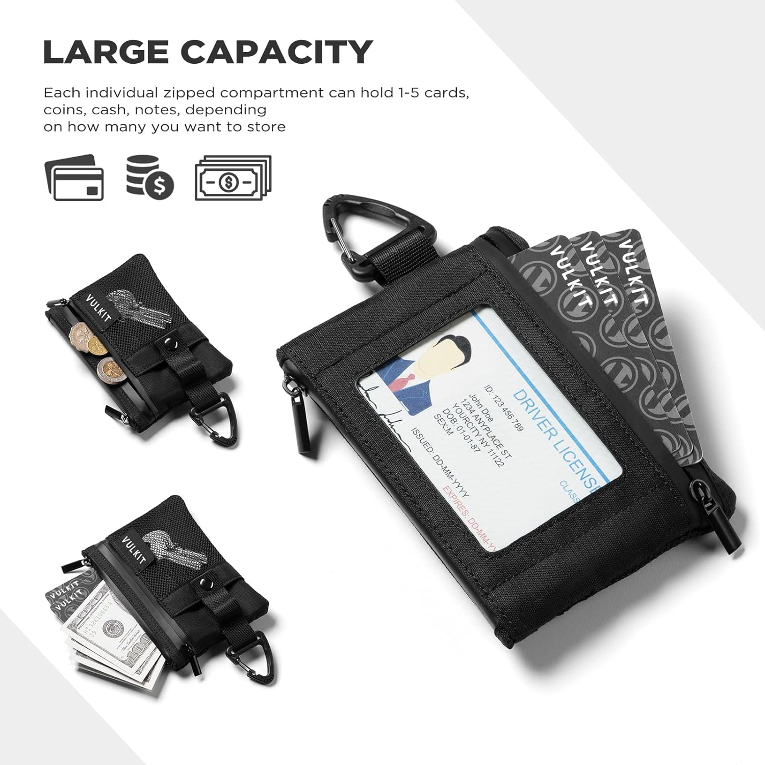 VULKIT Small Minimalist Wallet for Women and Men RFID Blocking, Zipper Coin Pouch with ID Window and Keychain, Water Resistant Nylon Travel Lanyard Wallet Black - Image 5