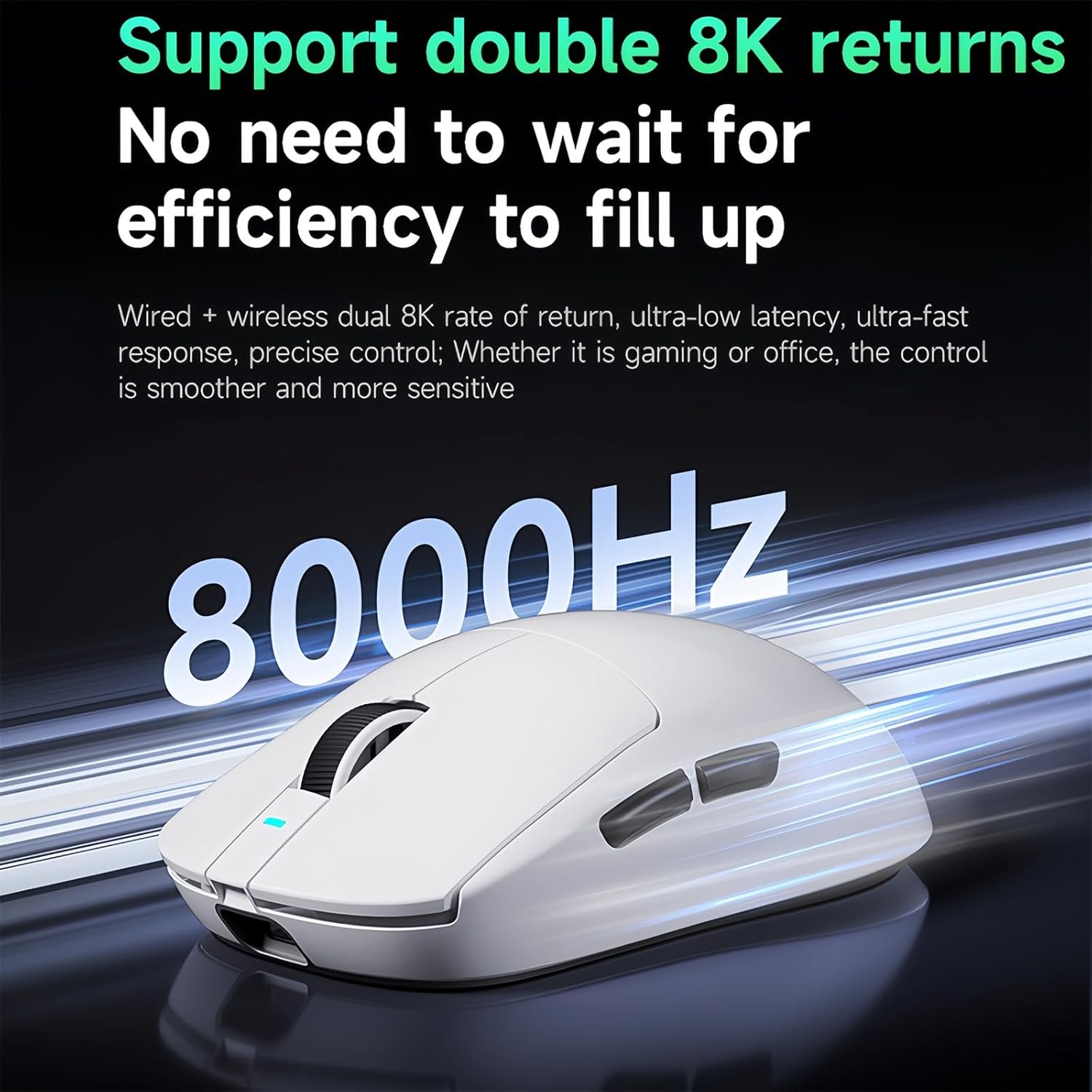 Graphic highlighting 8000Hz polling rate for the MCHOSE A7 mouse