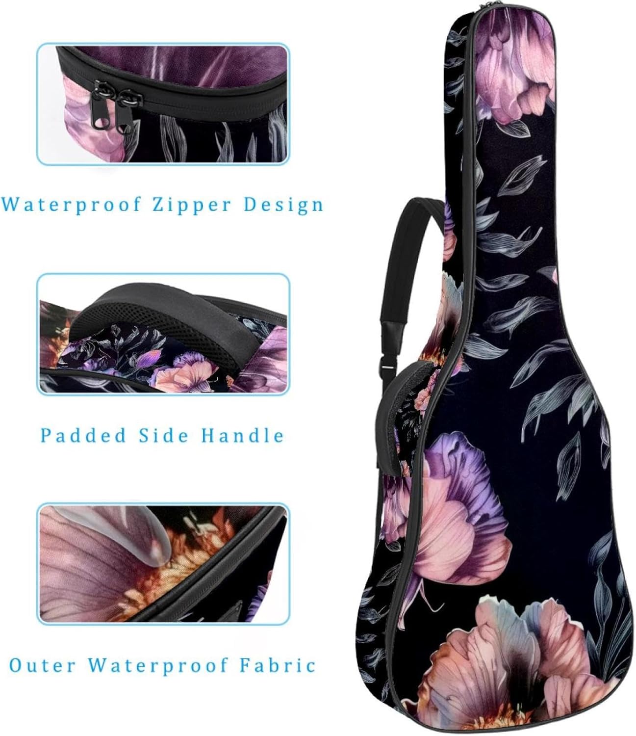 Acoustic Guitar Gig Bag 1 cm Thick Padding, Waterproof Electric Guitar Bag 40-42 Inch Guitar Case Backpack with Dual Shoulder Strap, Floral Seamless Pattern Digital Print