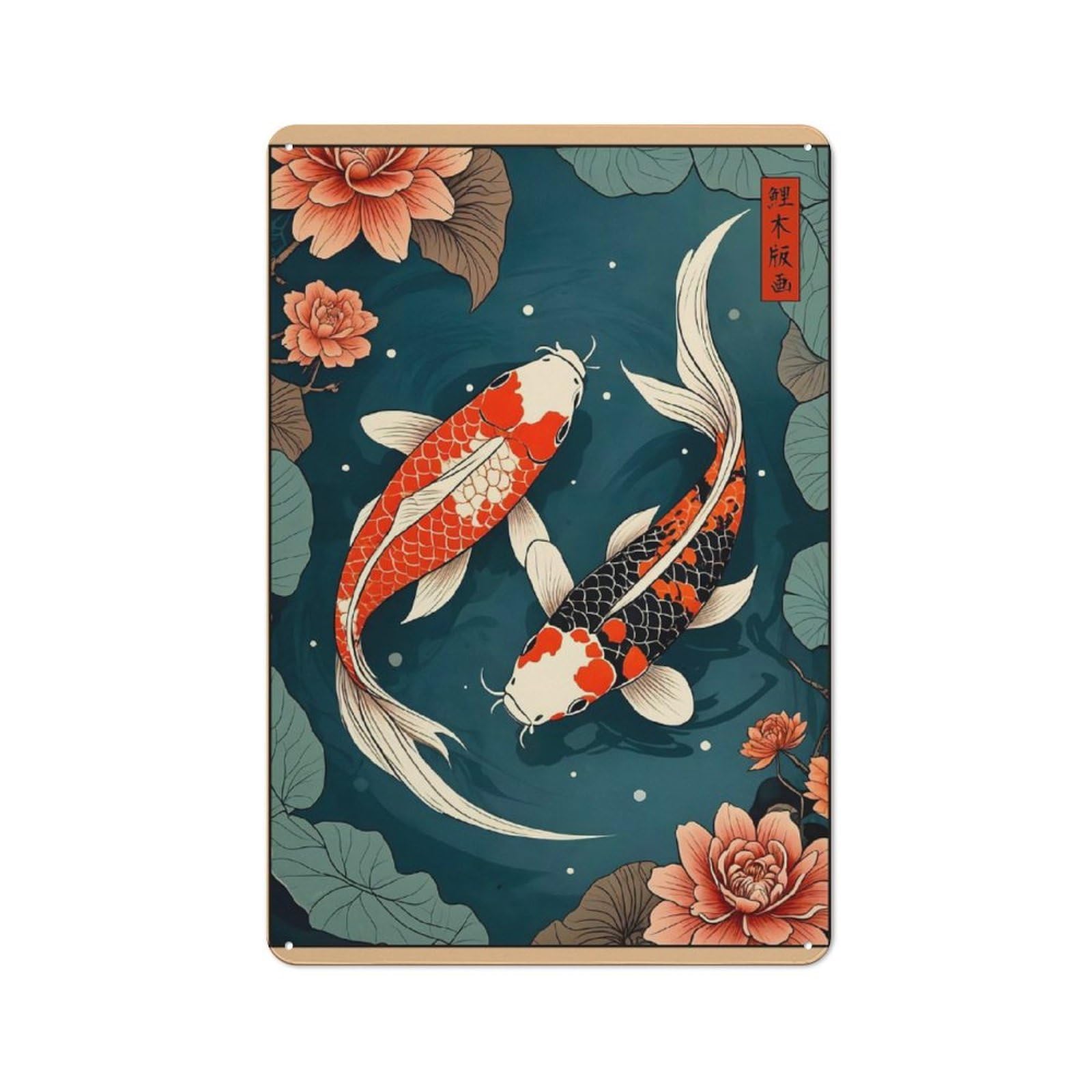 Junmoney Koi Fish Japanese Vintage Tin Sign 30X20cm With For Home Office Or Studio, Winter Wall Decor For Creative Workspace Decorators