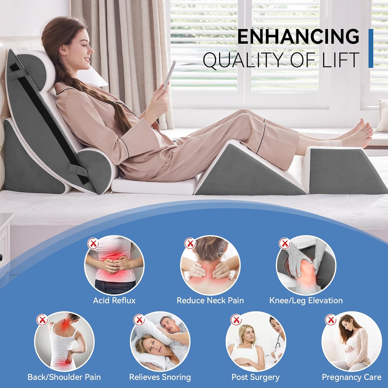 Negwoo Wedge Pillow Set for After Surgery, 7 PCS Bed Wedge Pillow for Sleeping, Memory Foam Orthopedic Back Pillow for Pain Relief and Acid Reflux, Adjustable Post Surgery Pillow Grey