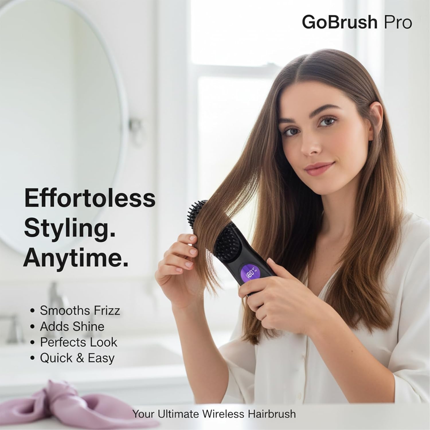 Go Brush Pro, Gobrush Pro Portable Straightener Brush, Cordless Hair Straightener Brush for Short Hair, 3 Adjustable Temperature, LED Display, Upgraded Fast Heating Hairs Comb for Women Travel (Pink)