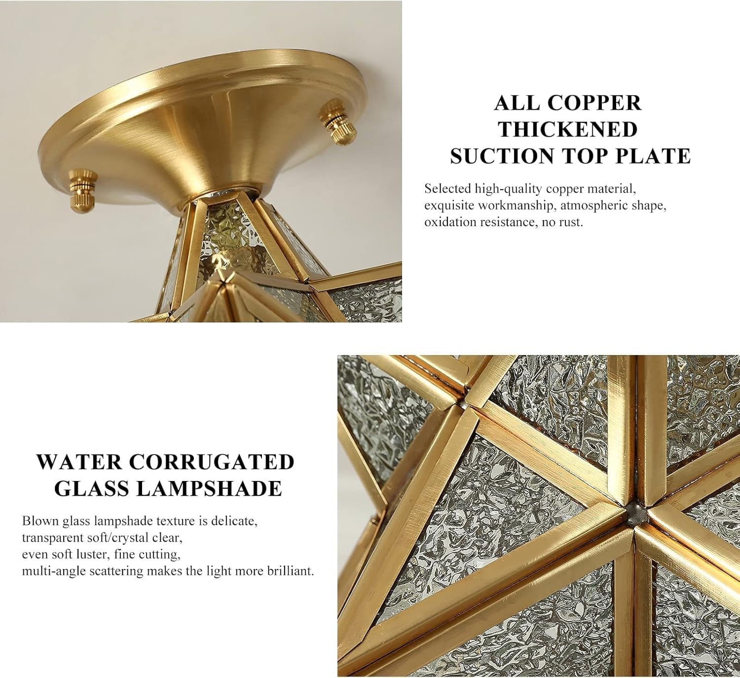 Modern Nordic Star Geometric Flush Mount LED Ceiling Light, E27 3-Color Dimming Brass Water Corrugated Glass Semi Flushmount Fixture, for Entryway Hallway Bedroom Living Room