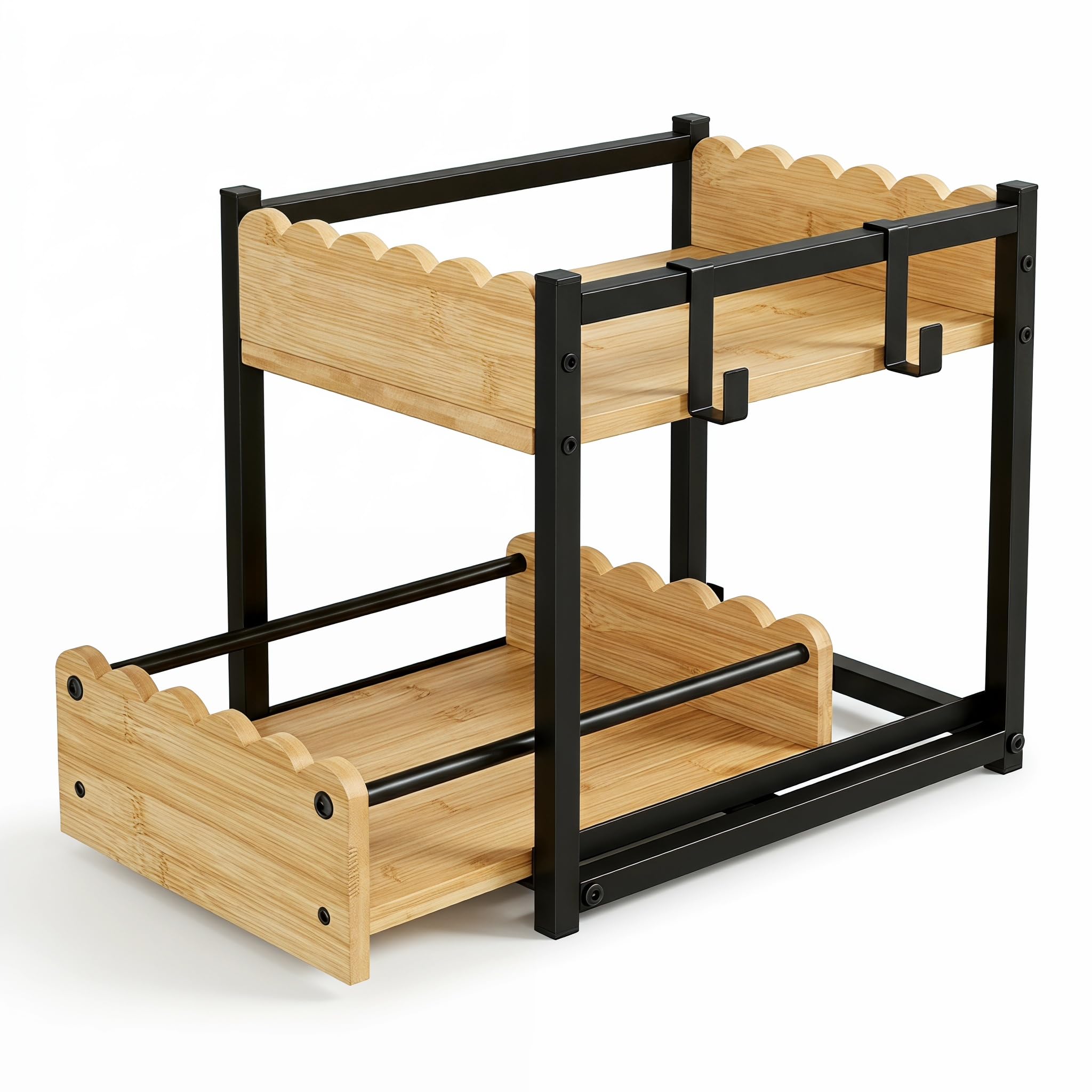 Organizzatore da banco a 2 ripiani in bambù naturale, moderno portaspezie industriale con ripiano estraibile e ganci, elegante contenitore per cucina e casa